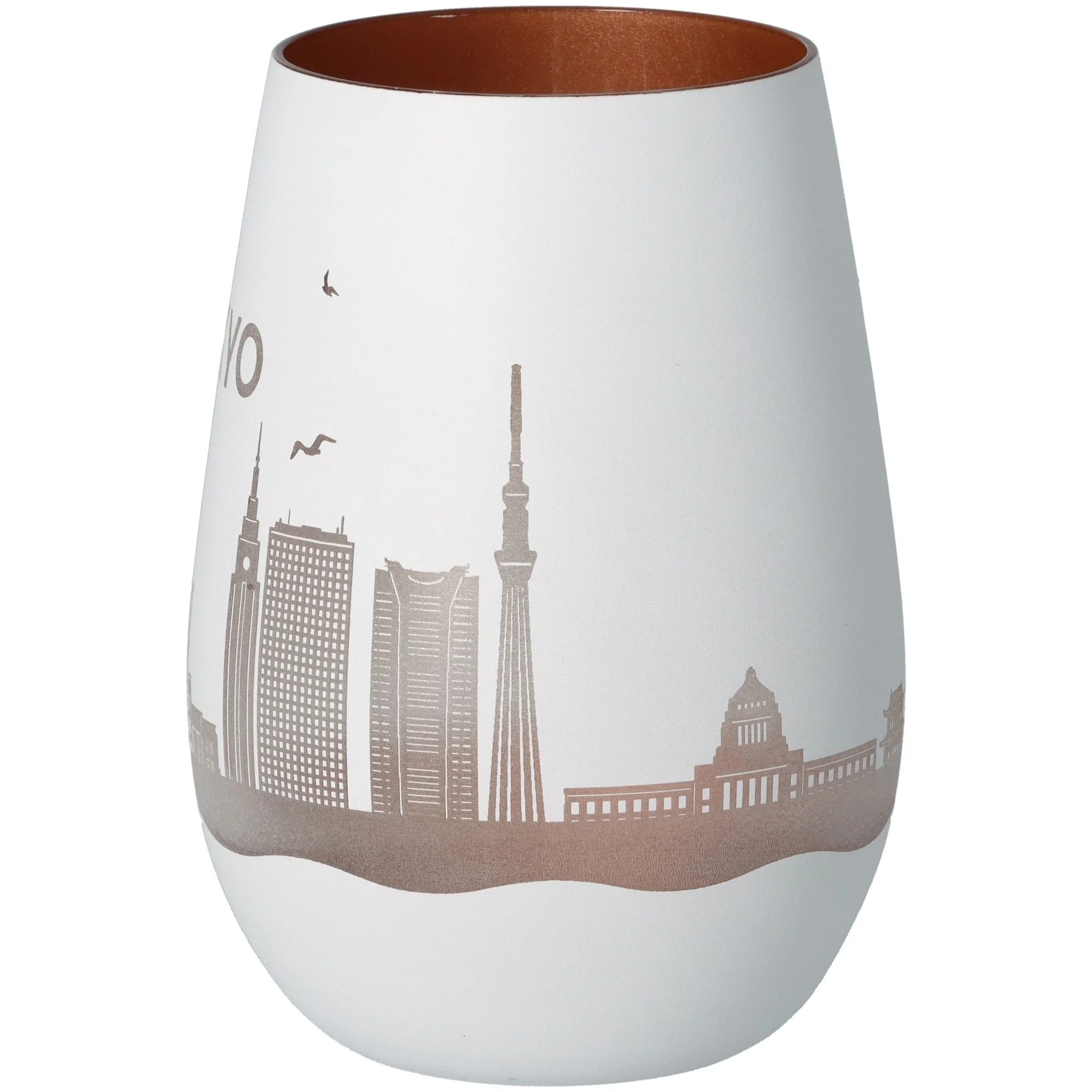 vase, porzellan, Stadt-Silhouette, weiß, brauner Rand