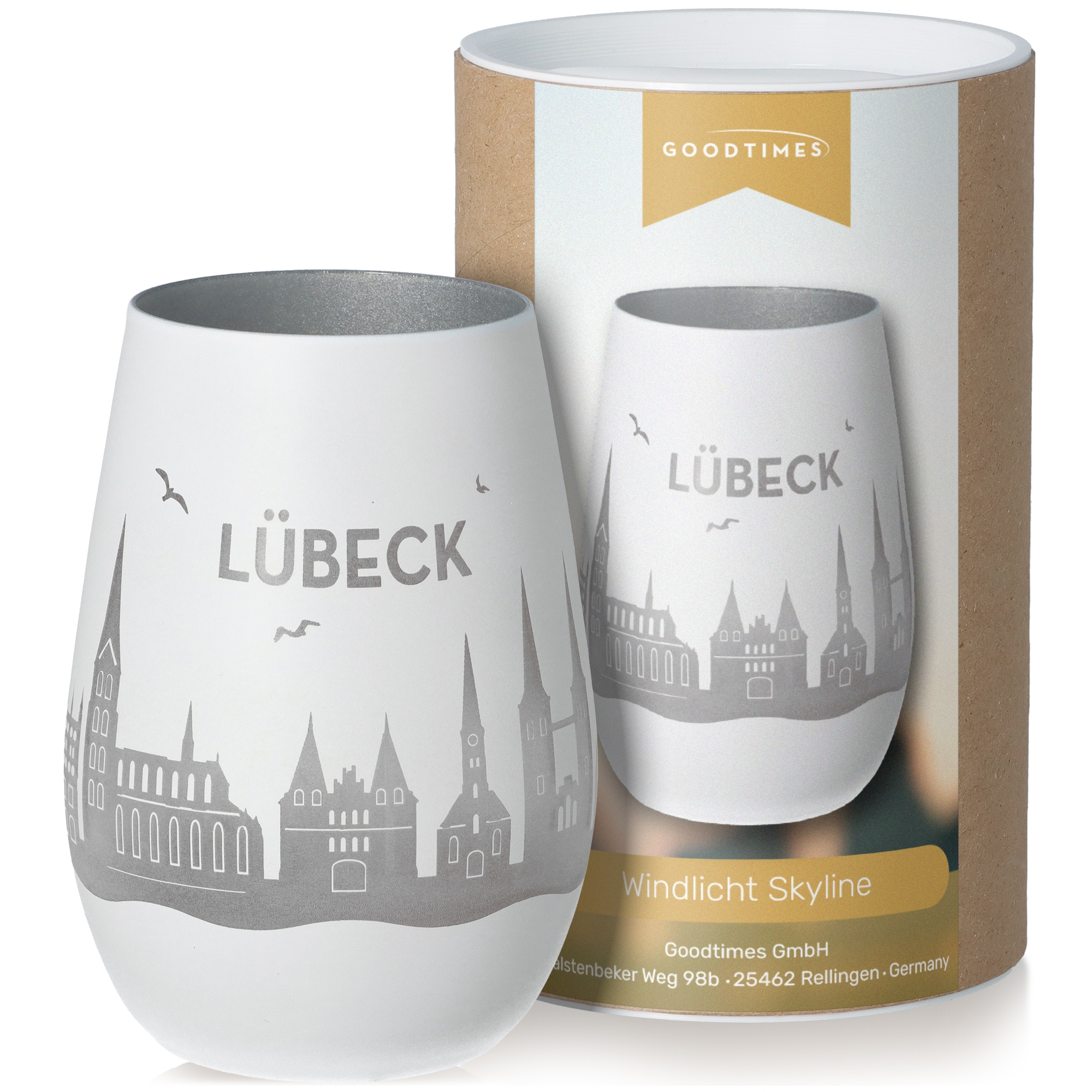 Windlicht Skyline Lübeck Weiß/Silber Töpferei, Krug, Tasse, Glas