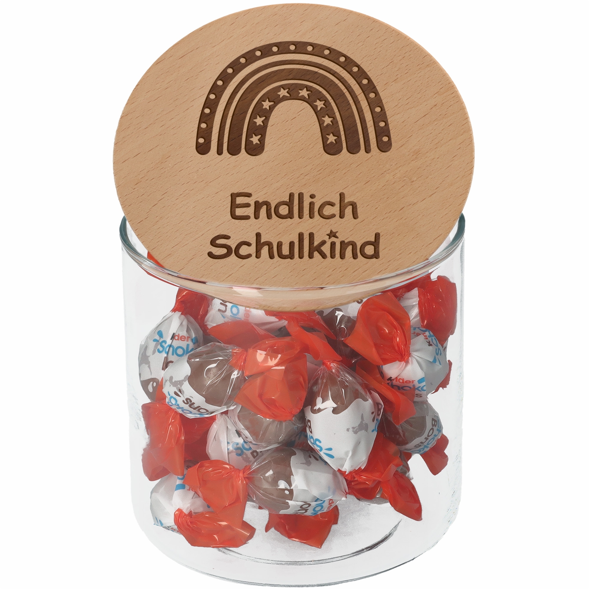 Geschenkglas "Endlich Schulkind" Regenbogen Stern 530ml