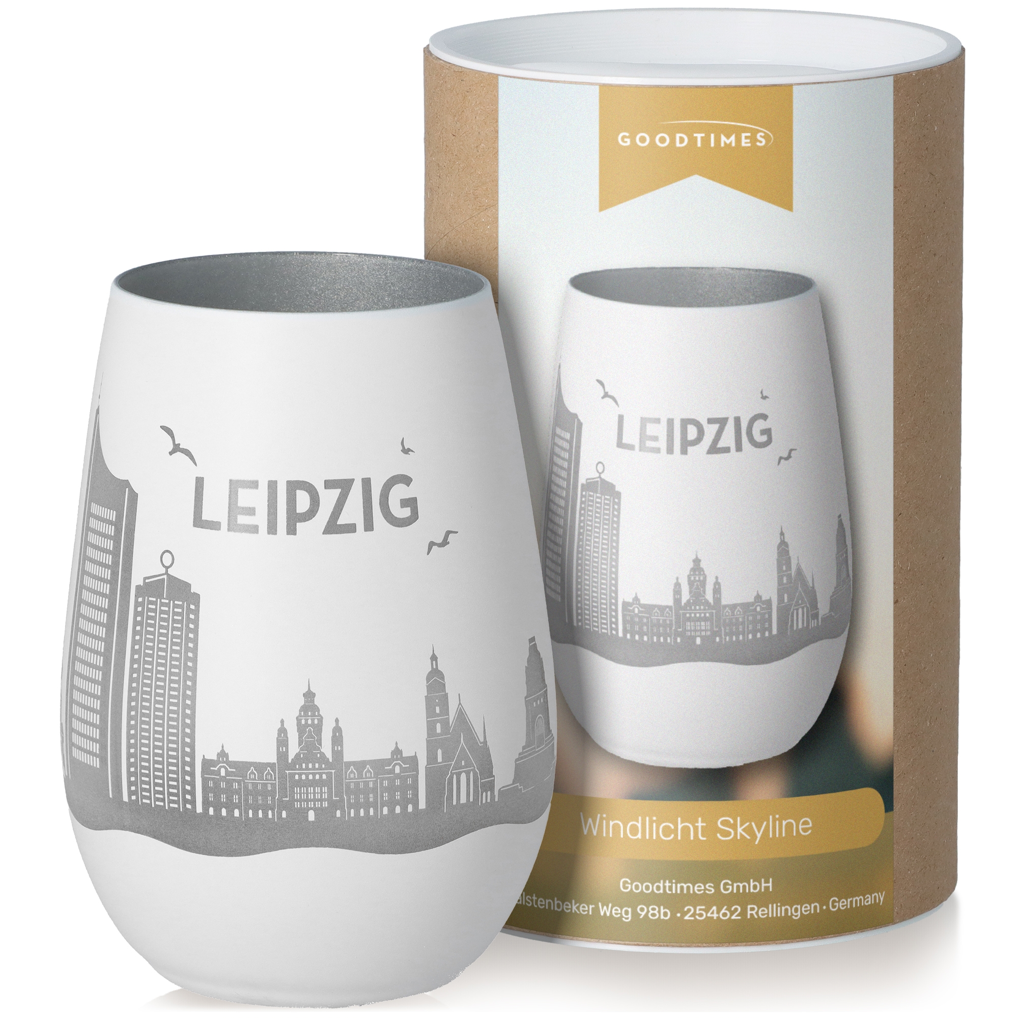 Windlicht Skyline Leipzig Weiß/Silber Töpferei, Tasse, Kunst, Porzellan