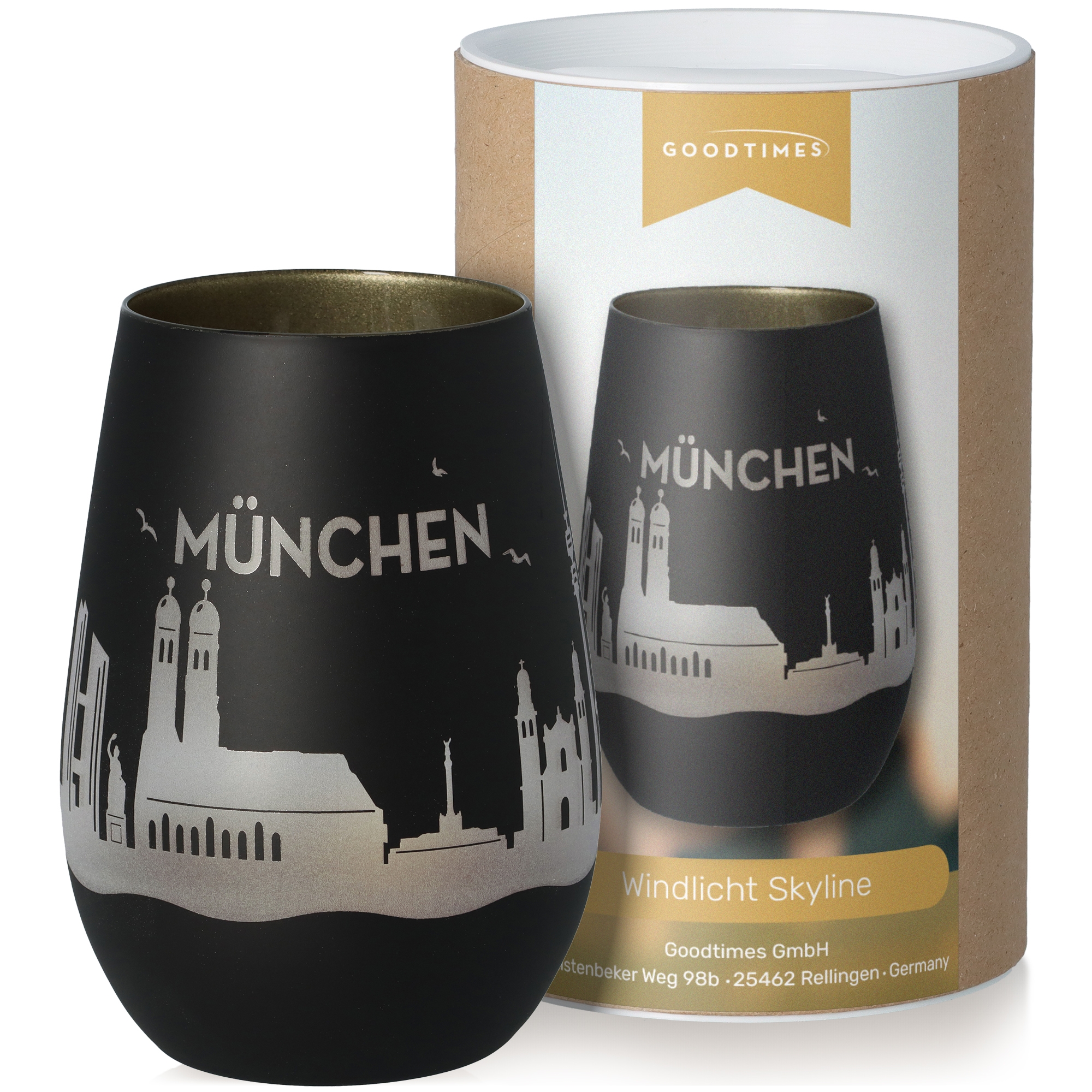 Windlicht Skyline München Schwarz/Gold Krug, Töpferei, Lampe, Tasse