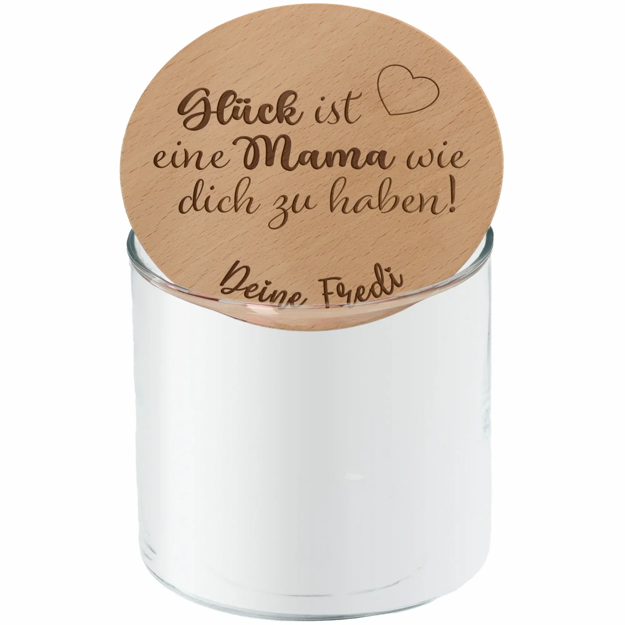 Glasdose, Holzdeckel, weißer Behälter, gravierter Text, Geschenkbehälter