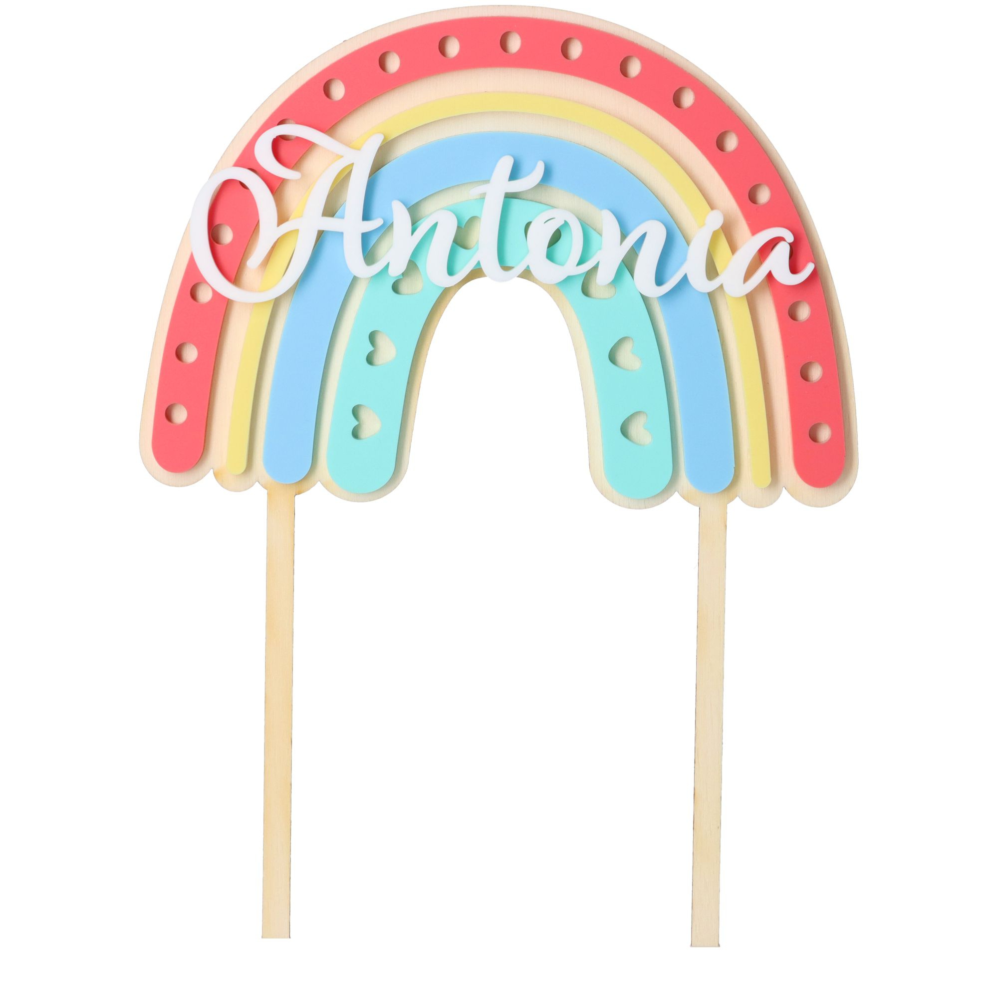 Cake Topper Regenbogen "Name" Herz aus Holz & Acryl Cake Topper Regenbogen "Name" Herz aus Holz & Acryl