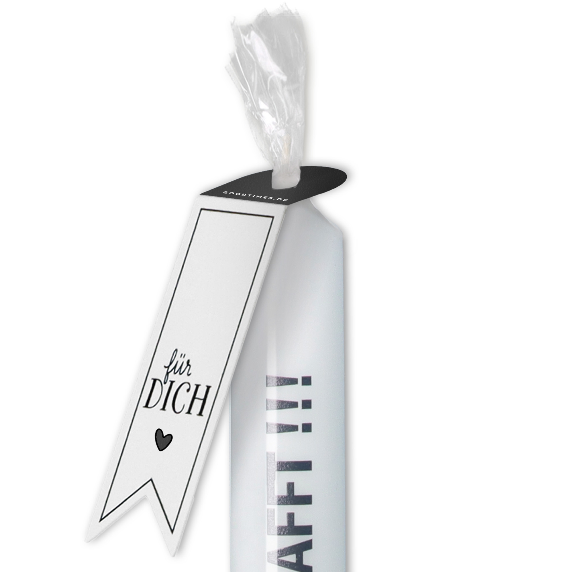 Kerze Weiß, mit Schwarz "YIPPIE, GESCHAFFT!!!" Kerze Weiß, mit Schwarz "YIPPIE, GESCHAFFT!!!"