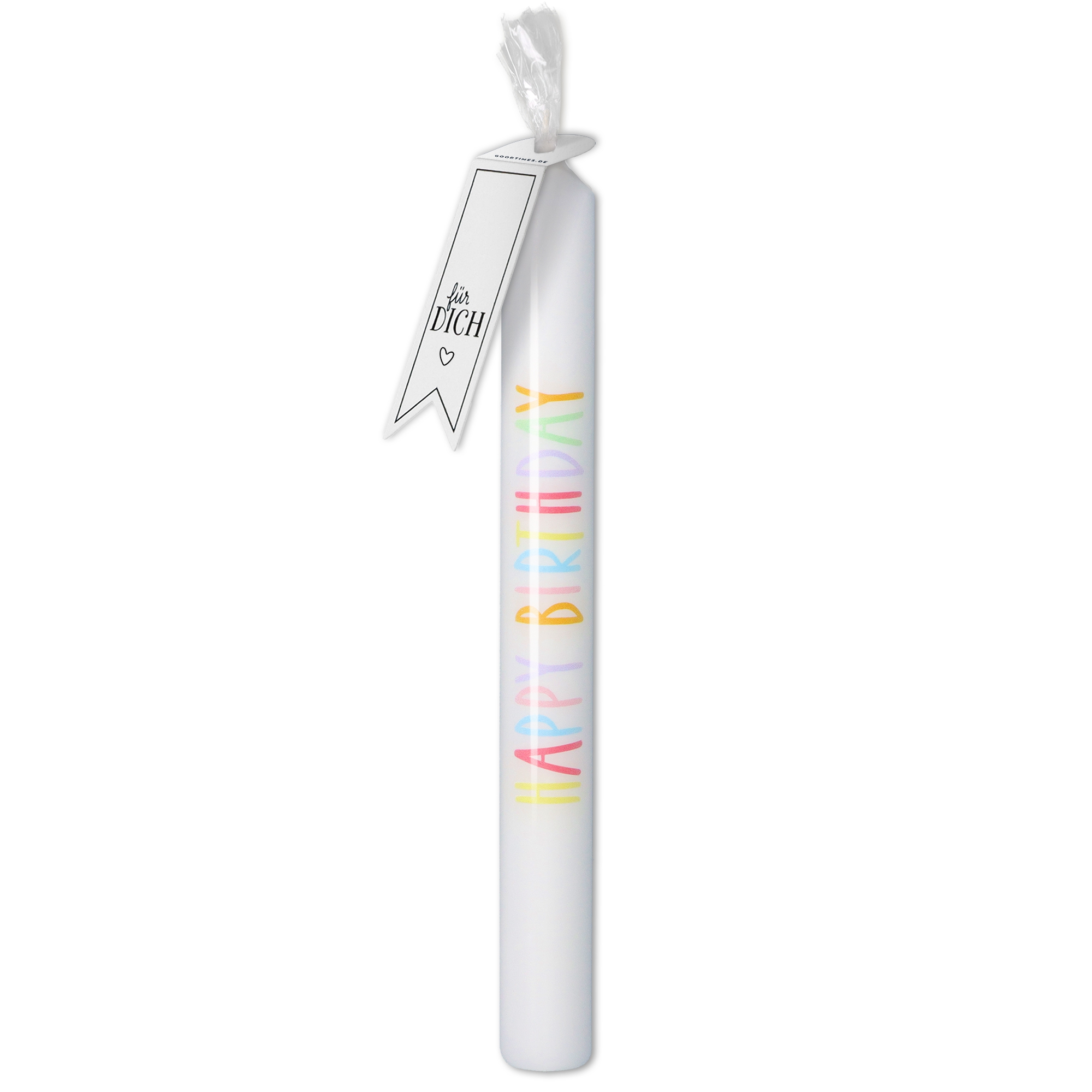 Stabkerze Weiß mit buntem Text "Happy Birthday" Stabkerze Weiß mit buntem Text "Happy Birthday"