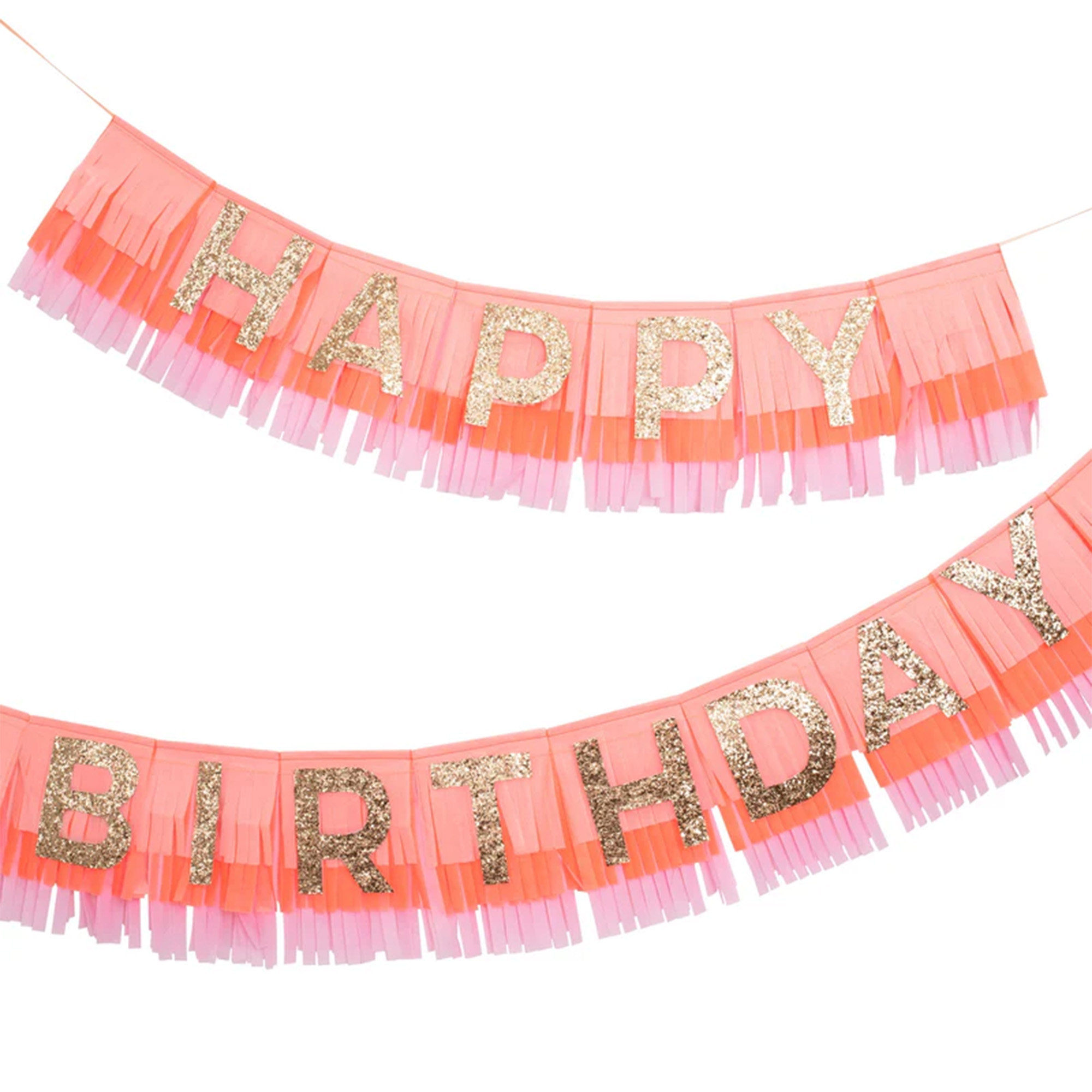Meri Meri - "Happy Birthday" Fransengirlande, Rosa/Orange/Gold Glitzer Schärpe