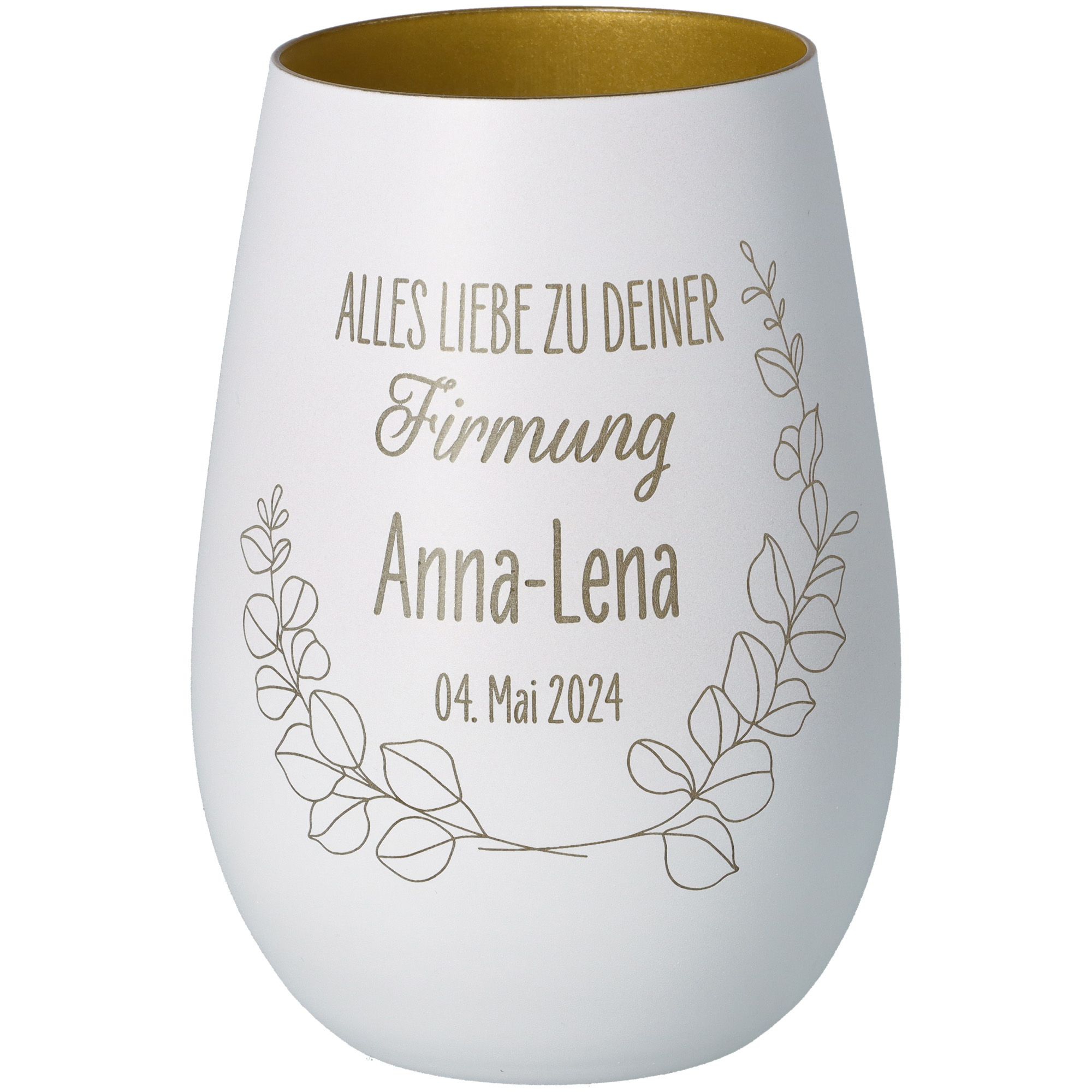 Windlicht Firmung Weiß/Gold "Name + Datum" Windlicht Firmung Weiß/Gold "Name + Datum"