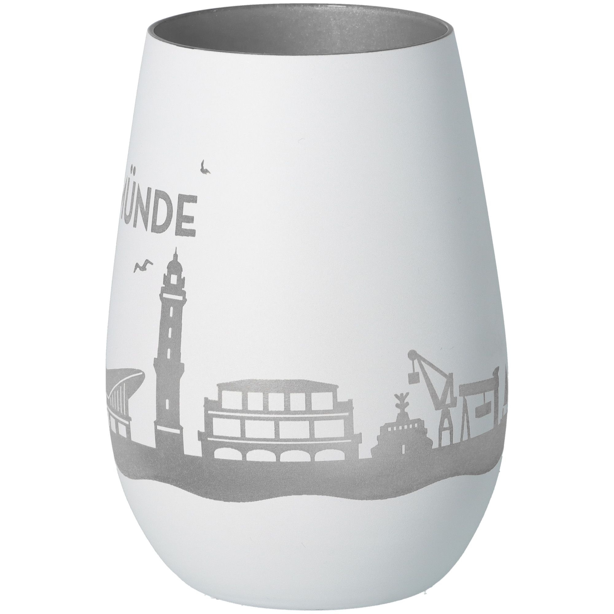 Windlicht Skyline Warnemünde Weiß/Silber