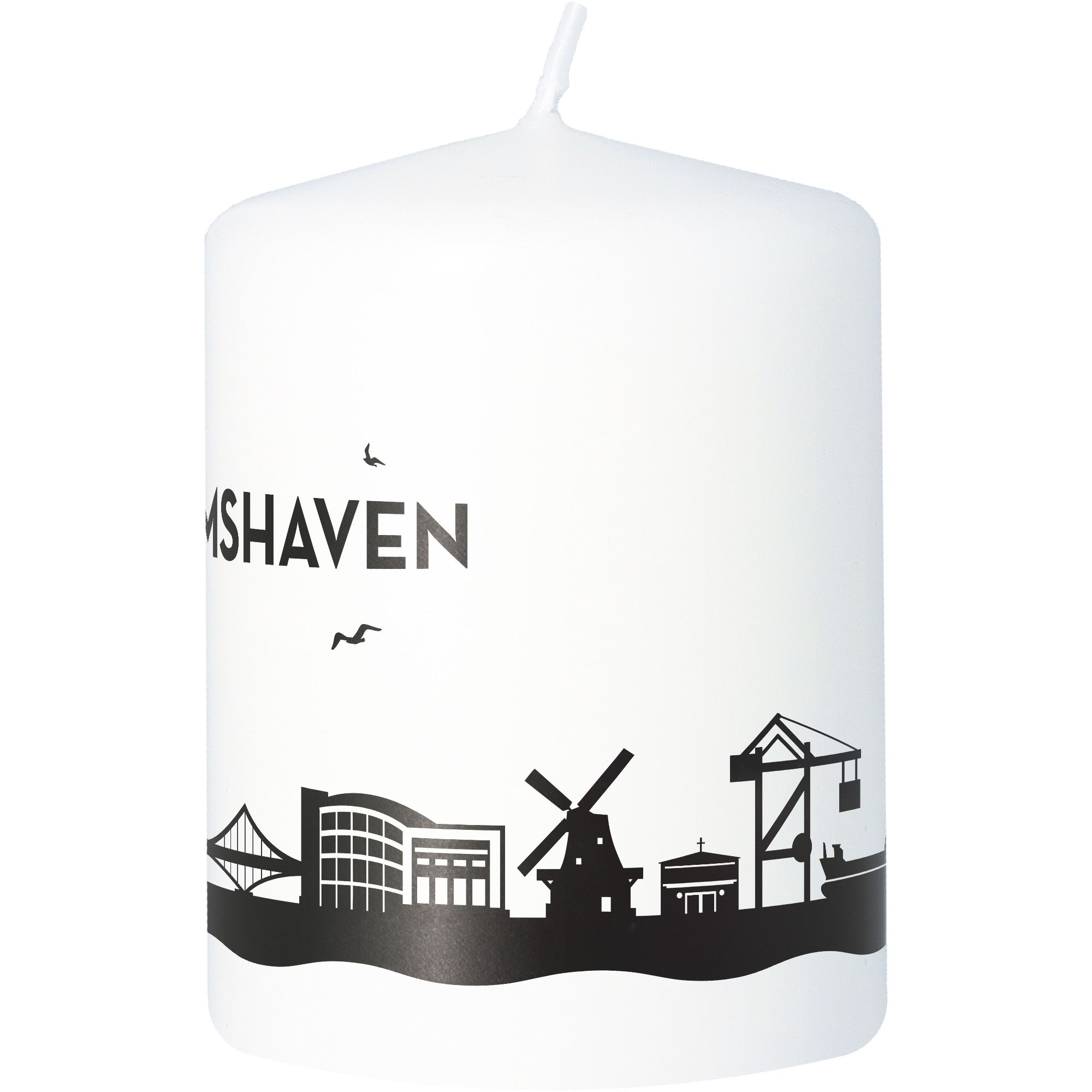 Stumpenkerze Skyline Wilhelmshaven Weiß Stumpenkerze Skyline Wilhelmshaven Weiß