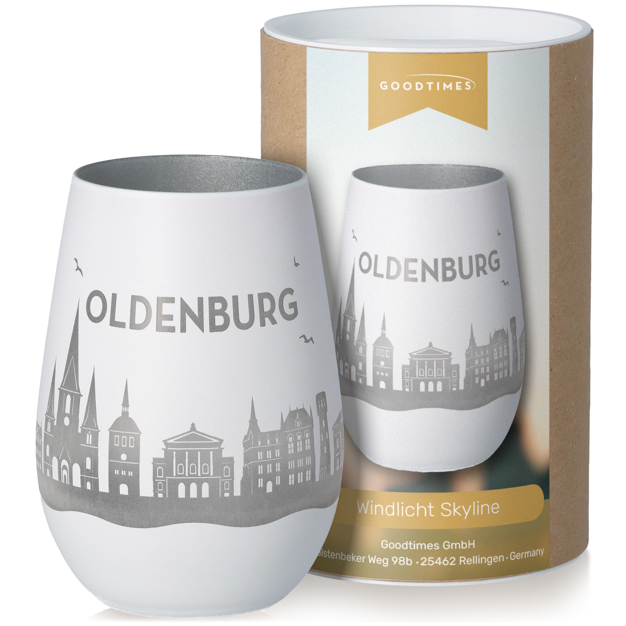 Windlicht Skyline Oldenburg Weiß/Silber Töpferei, Glas, Tasse, Kunst, Porzellan