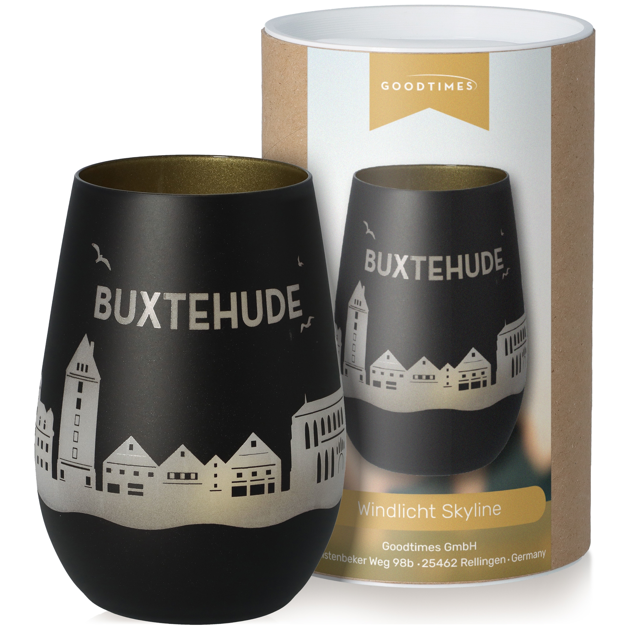 Windlicht Skyline Buxtehude Schwarz/Gold Krug, Töpferei, Tasse