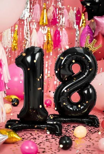 Stehende Folienballon Zahl "18" mit Krone, Schwarz ca. 84 cm Stehende Folienballon Zahl "18" mit Krone, Schwarz ca. 84 cm
