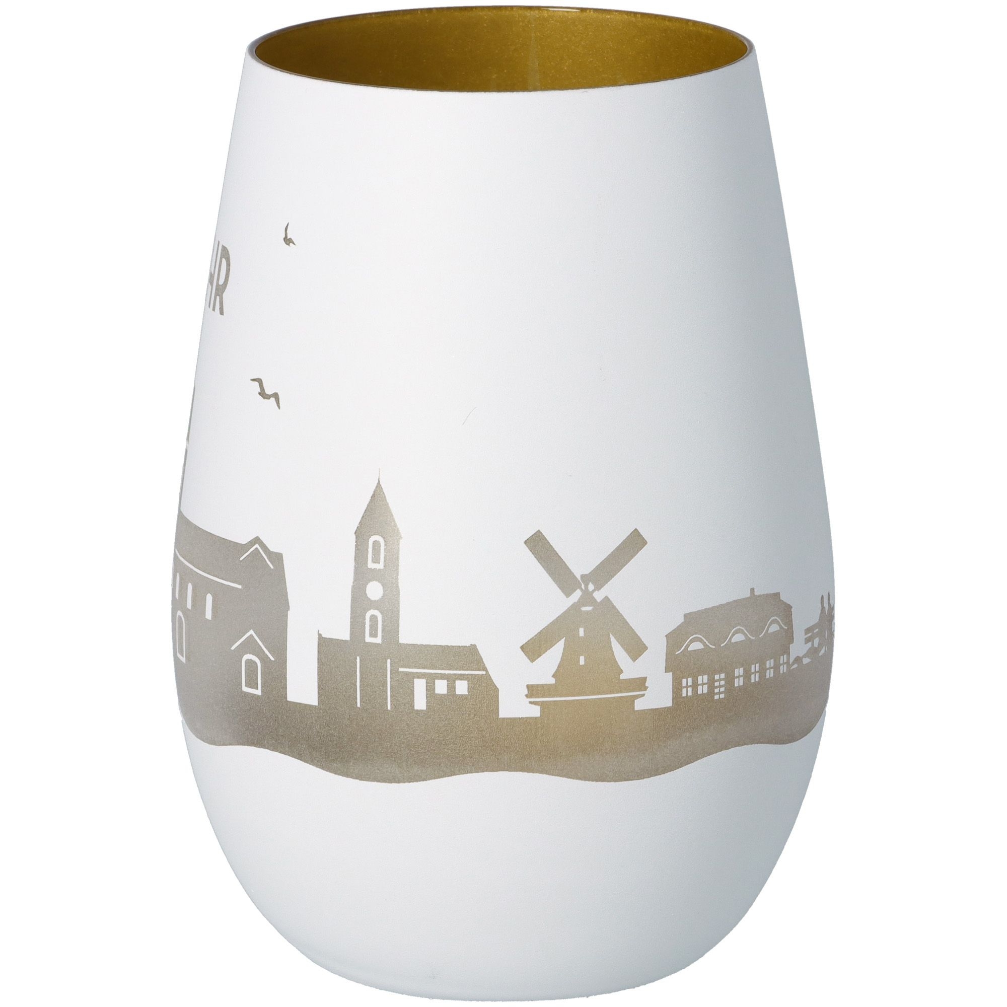 Windlicht Skyline Föhr Weiß/Gold Töpferei, Glas, Lampe, Porzellan, Vase