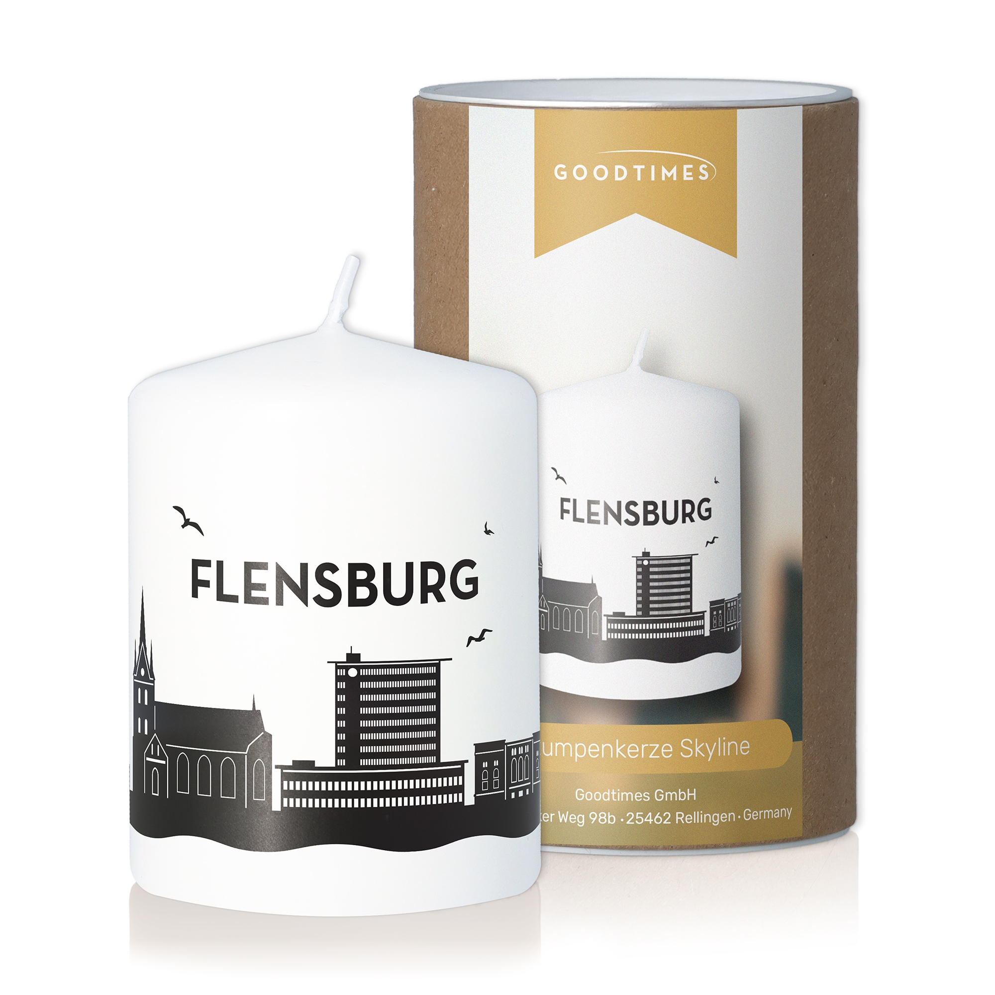 Stumpenkerze Skyline Flensburg Weiß Stumpenkerze Skyline Flensburg Weiß