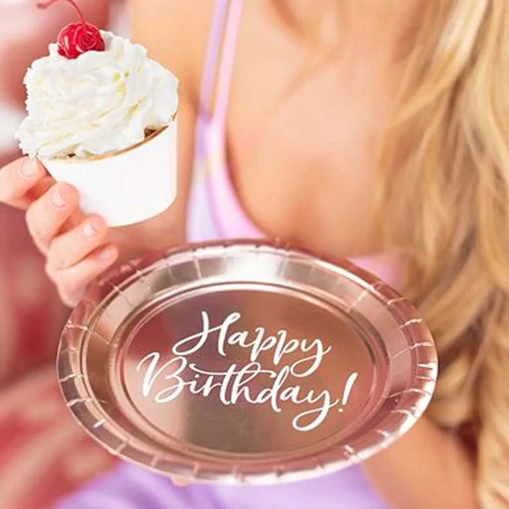 6 Pappteller "Happy Birthday" -  Roségold