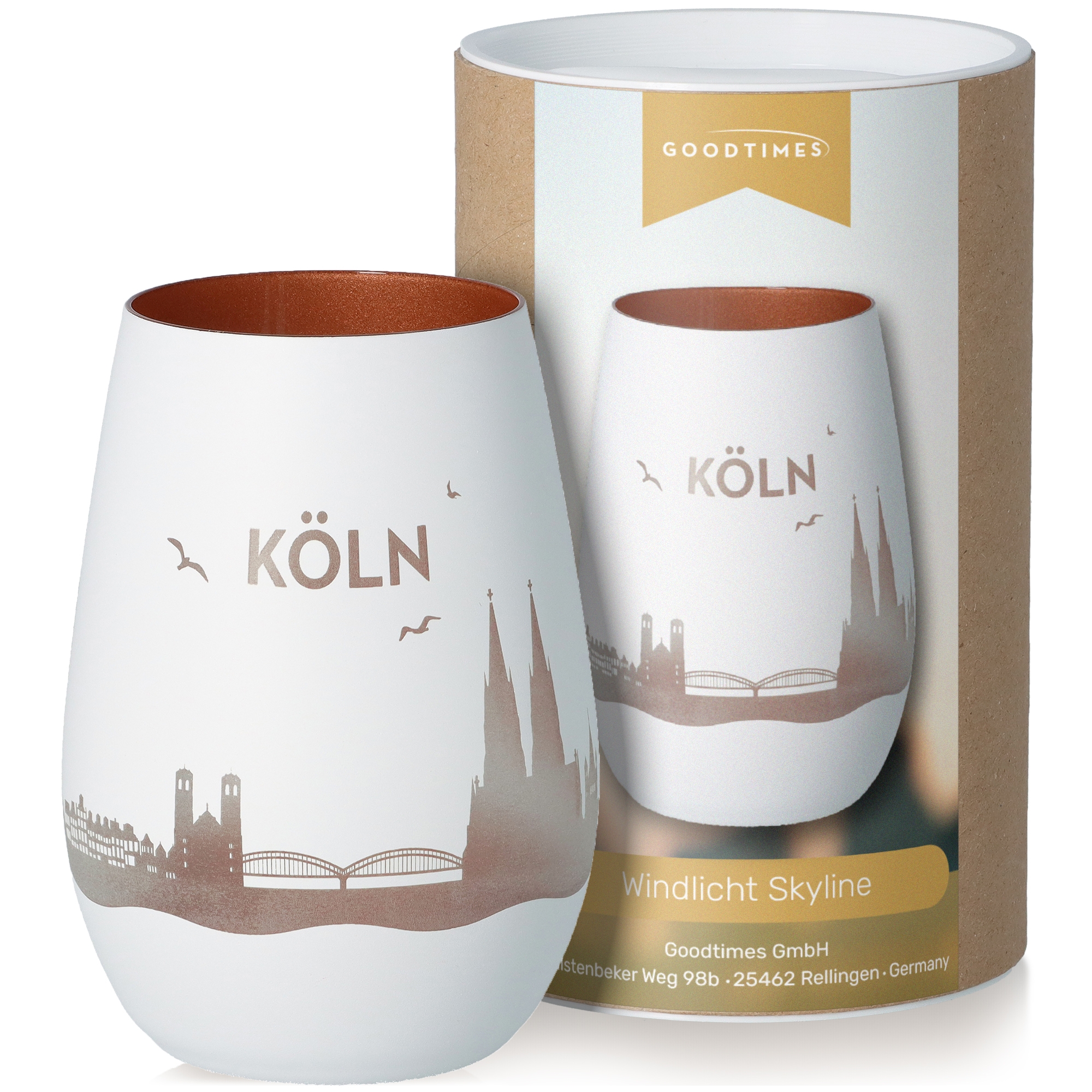 Windlicht Skyline Köln Weiß/Bronze Töpferei, Krug, Vase, Tasse, Porzellan
