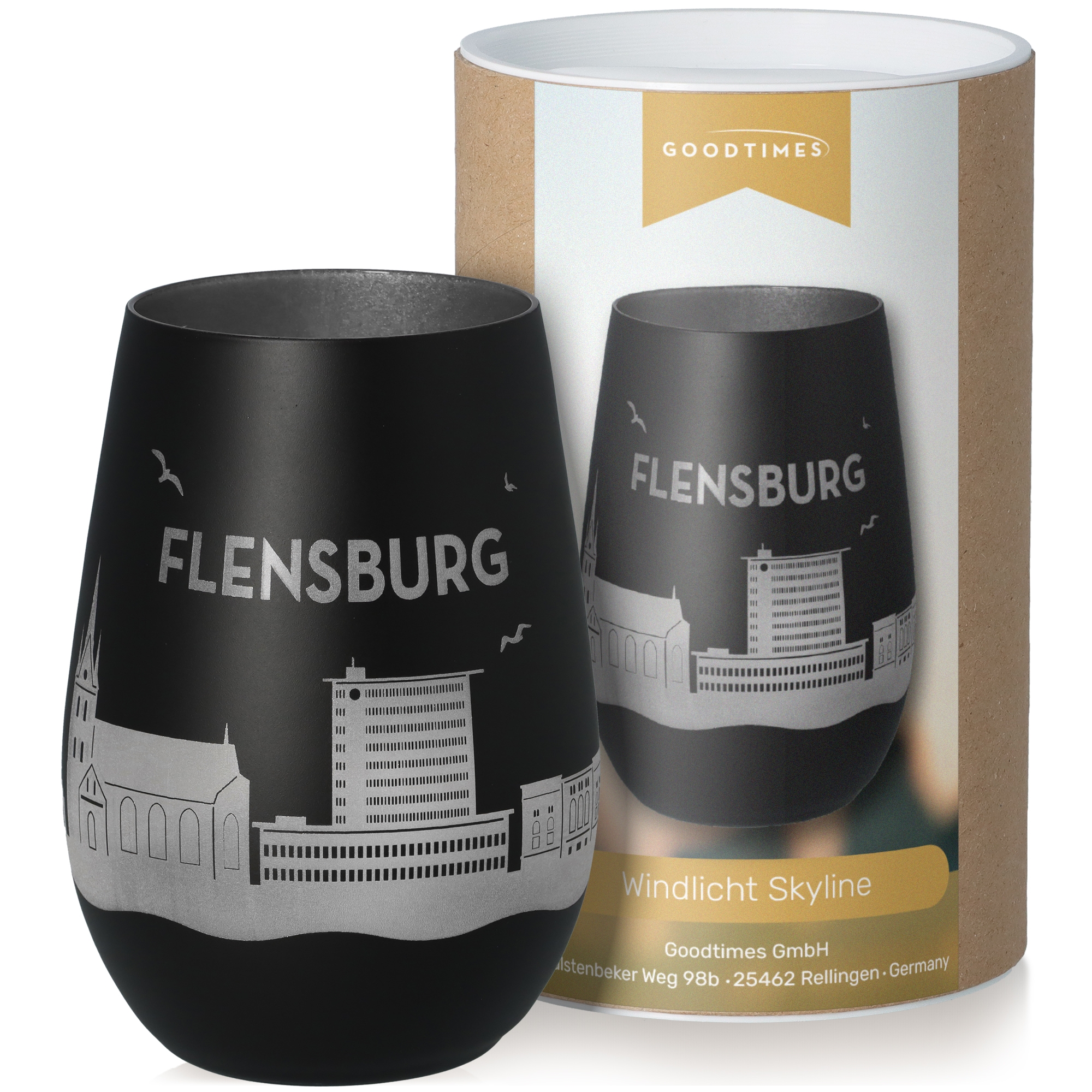 Windlicht Skyline Flensburg Schwarz/Silber Krug, Töpferei