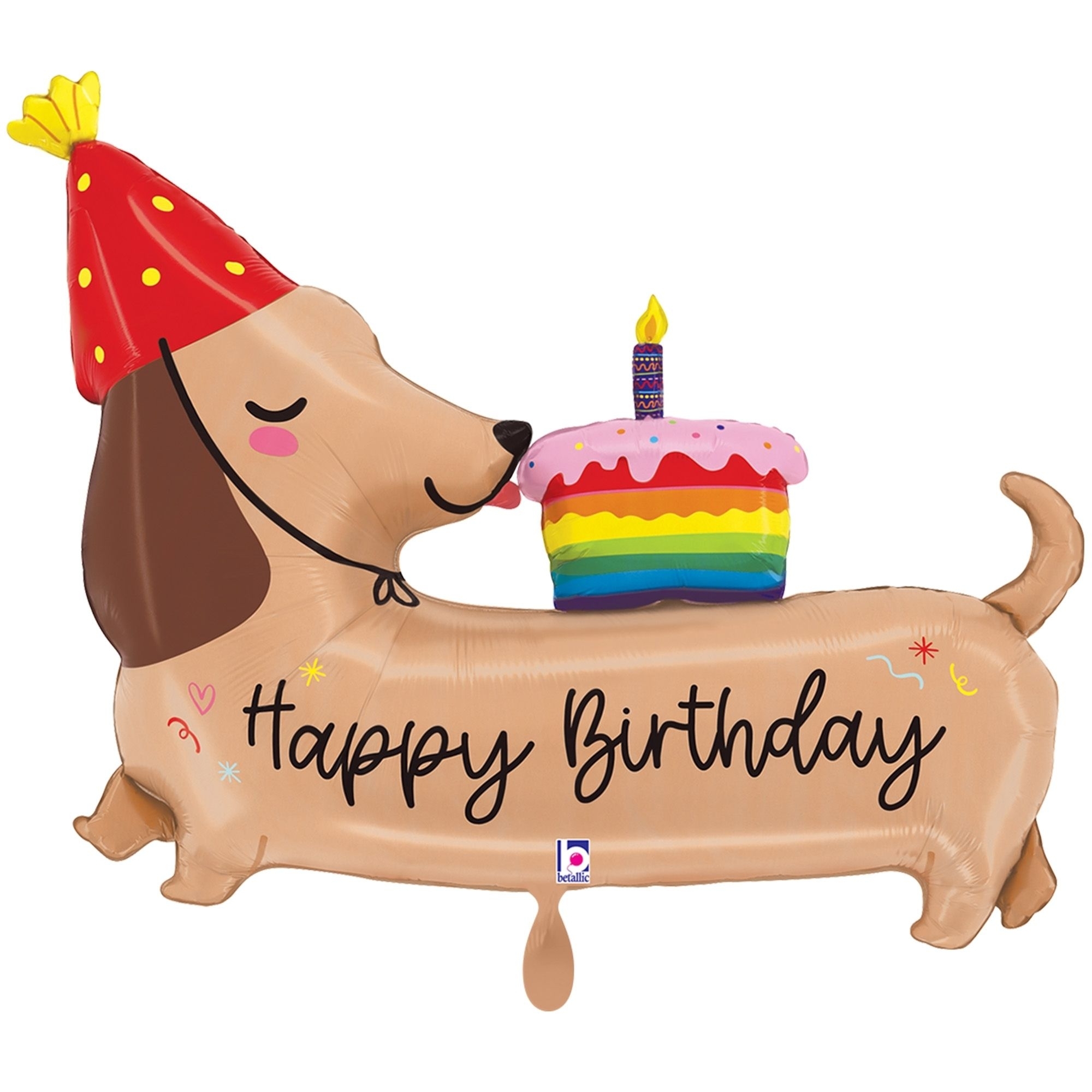 Folienballon "Happy Birthday Dackel" 110 cm Geburtstagstorte, Torte, Leute, Hut, Zuckerguss