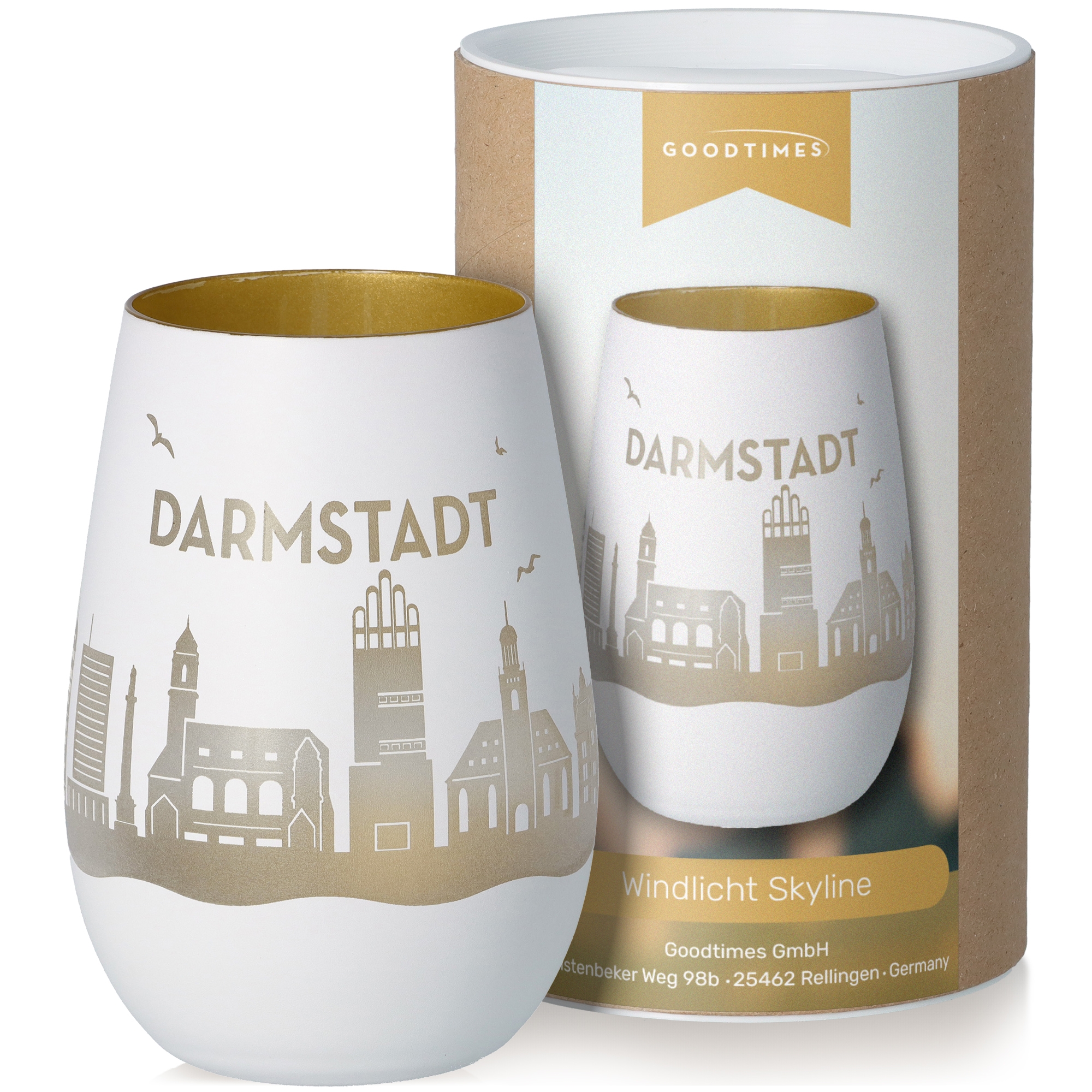 Windlicht Skyline Darmstadt Weiß/Gold Töpferei, Tasse, Kunst, Porzellan, Glas