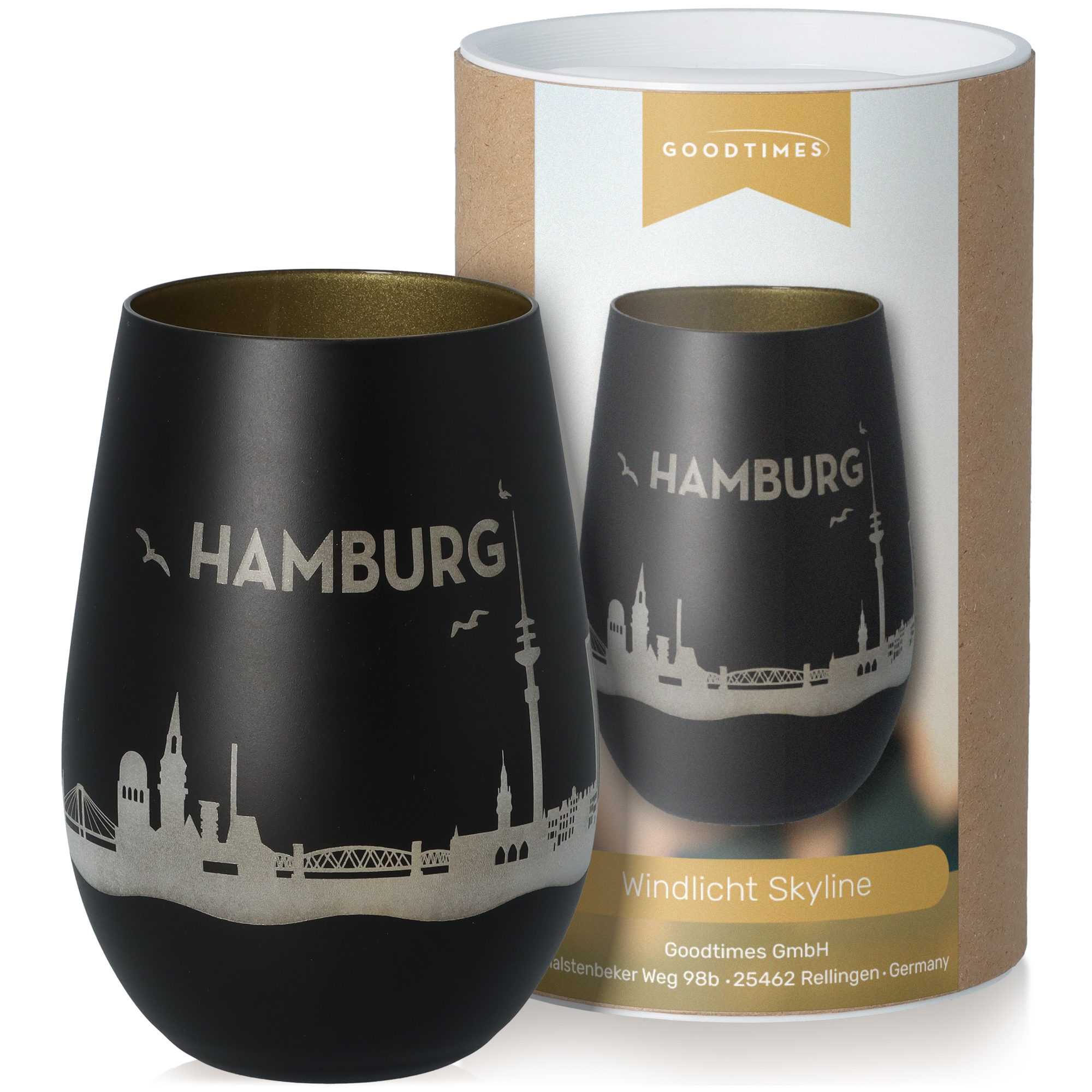 Windlicht Skyline Hamburg Schwarz/Gold Krug, Töpferei