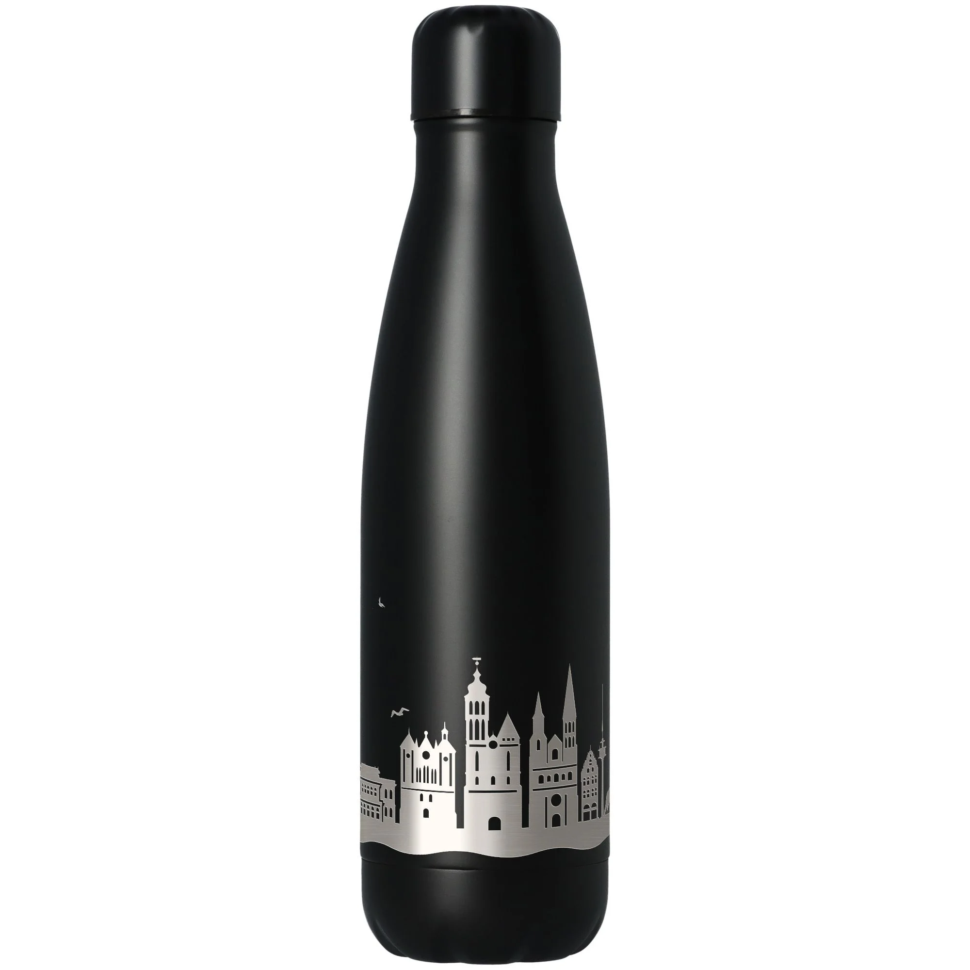 Thermalflasche, Stahl, schwarz, Stadt-Silhouette, Wasserflasche