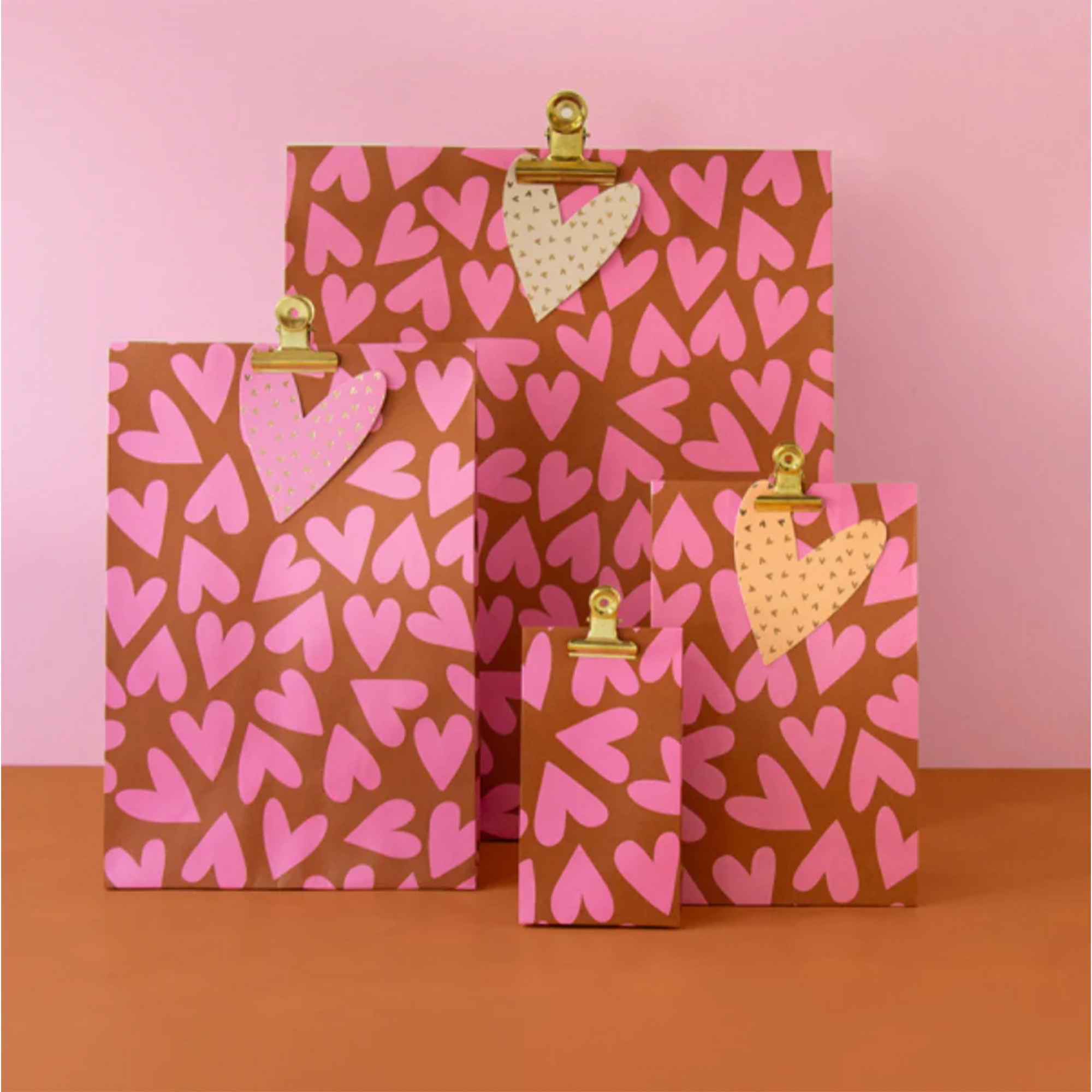 Blockbodenbeutel S "Hearts" Flamingo Pink/Cognac Tasche