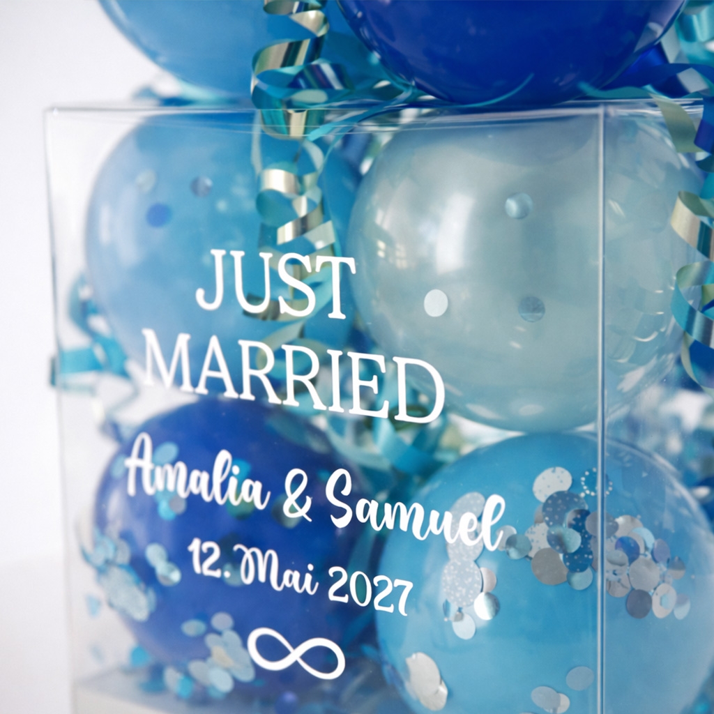 hochzeit, ballons, geschenkverpackung, just married, blau