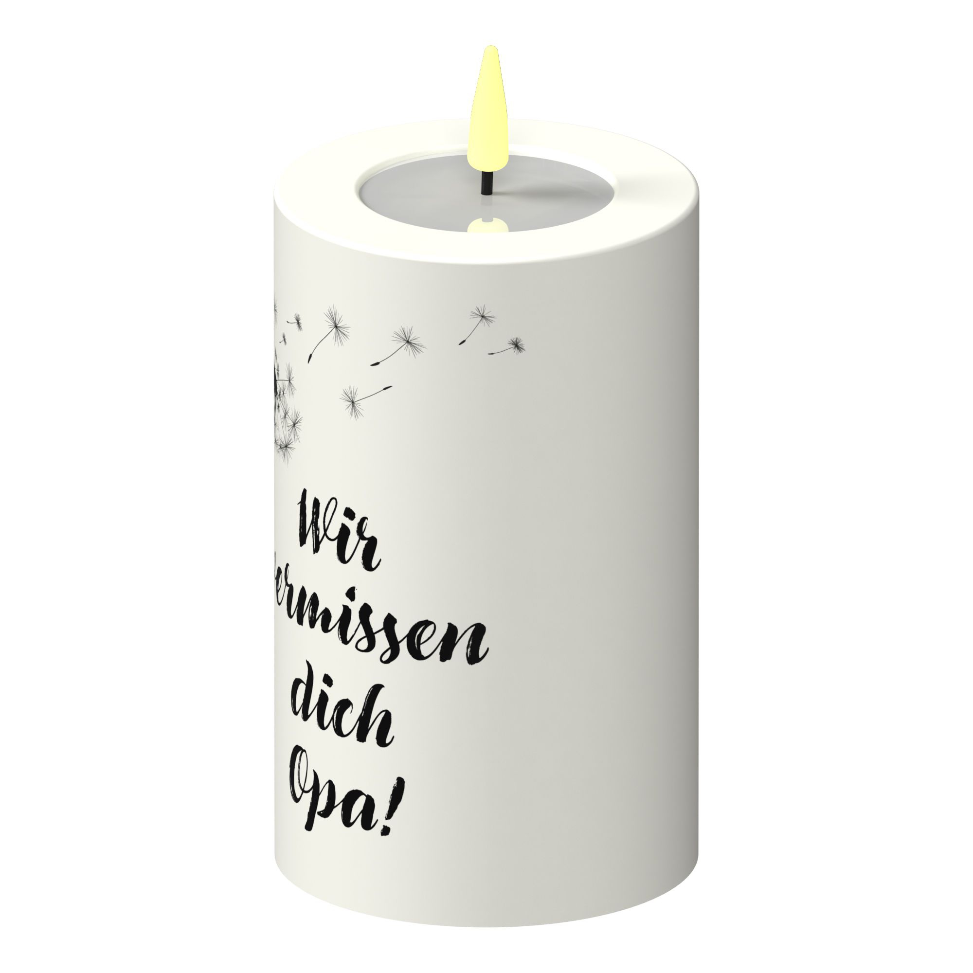 LED Stumpenkerze Weiß Pusteblume "Wir vermissen dich Opa!"ED Stumpenkerze Weiß Pusteblume "Wir vermissen dich Opa!" LED Stumpenkerze Weiß Pusteblume "Wir vermissen dich Opa!"ED Stumpenkerze Weiß Pusteblume "Wir vermissen dich Opa!"