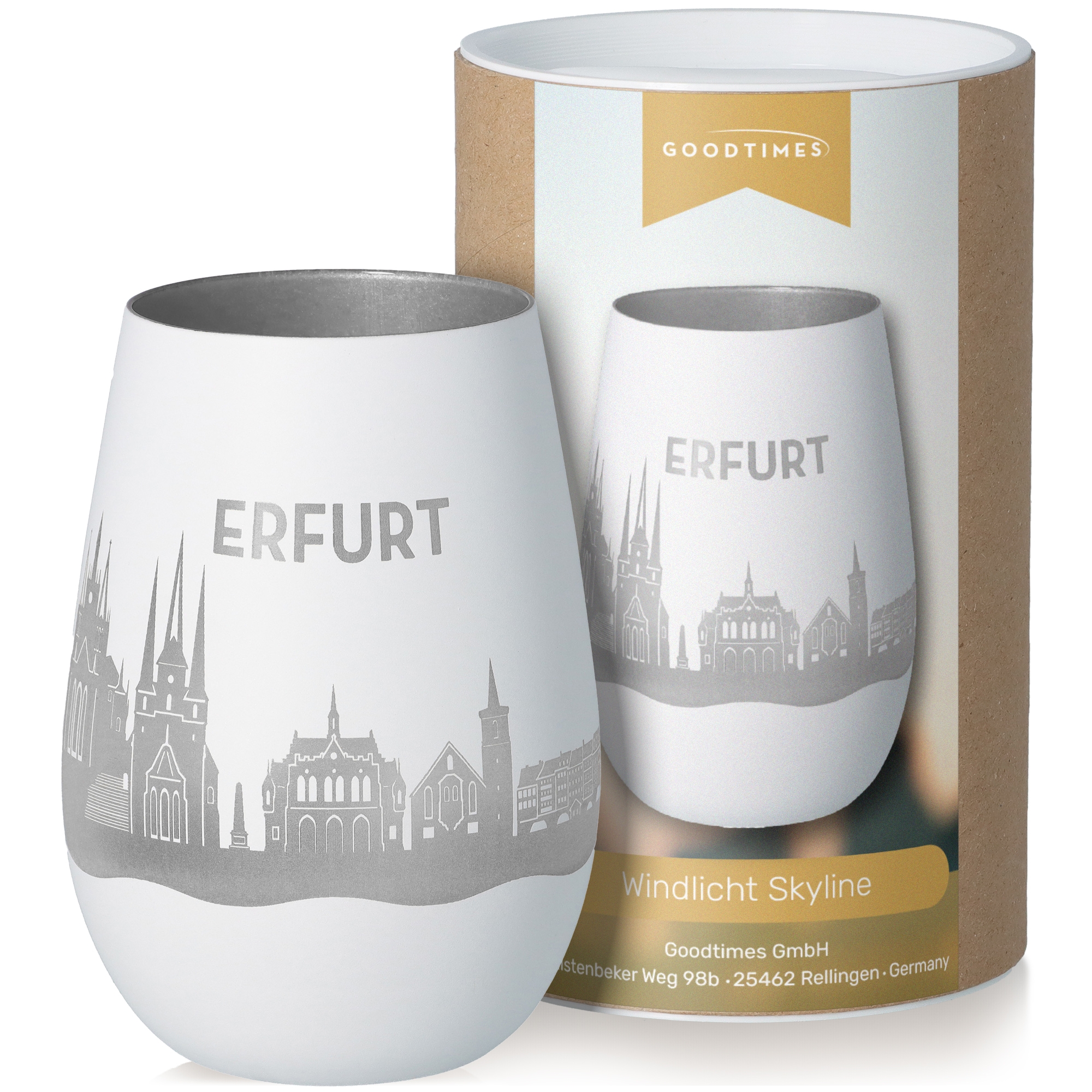Windlicht Skyline Erfurt Weiß/Silber Töpferei, Krug, Glas, Tasse, Porzellan