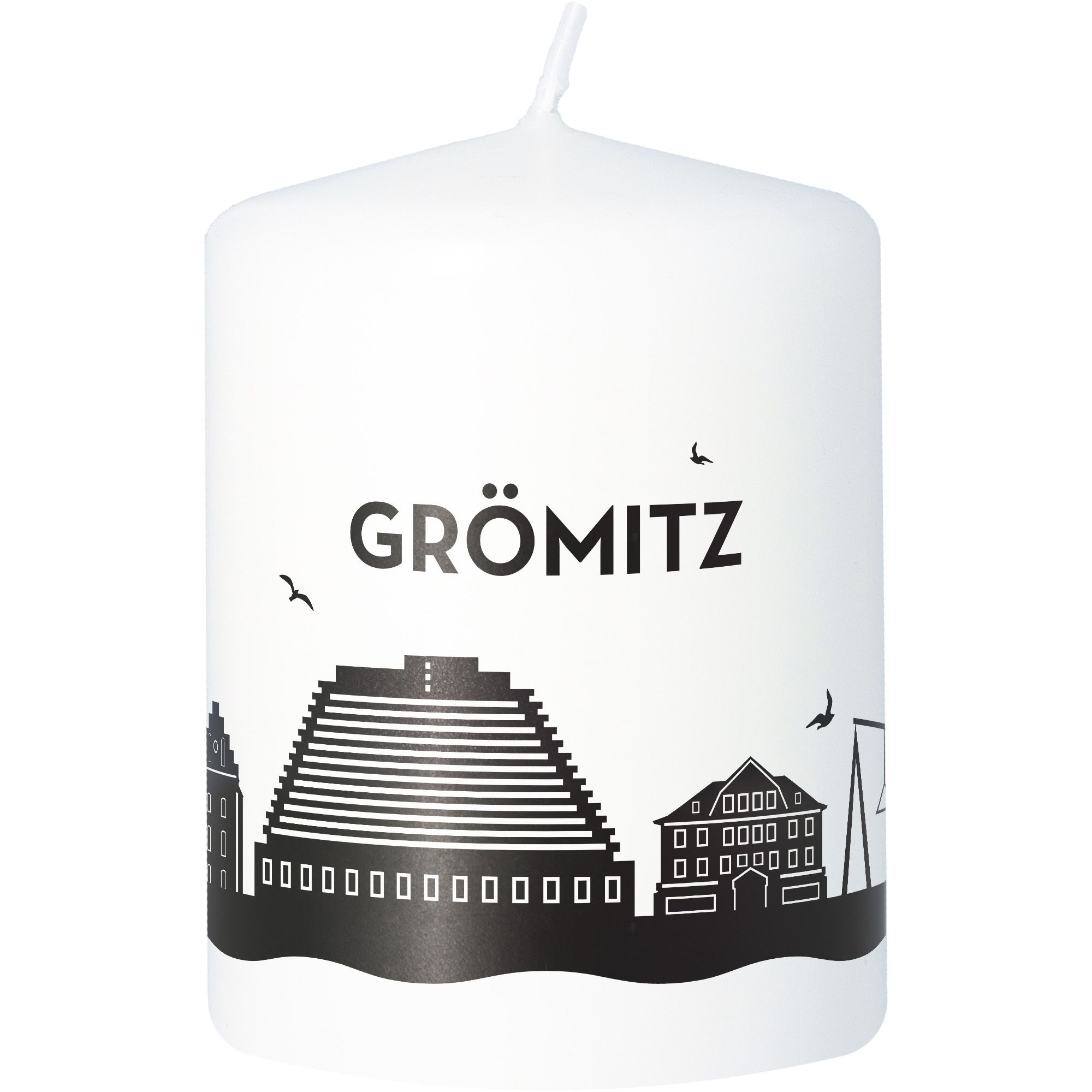 Stumpenkerze Skyline Grömitz Weiß Stumpenkerze Skyline Grömitz Weiß