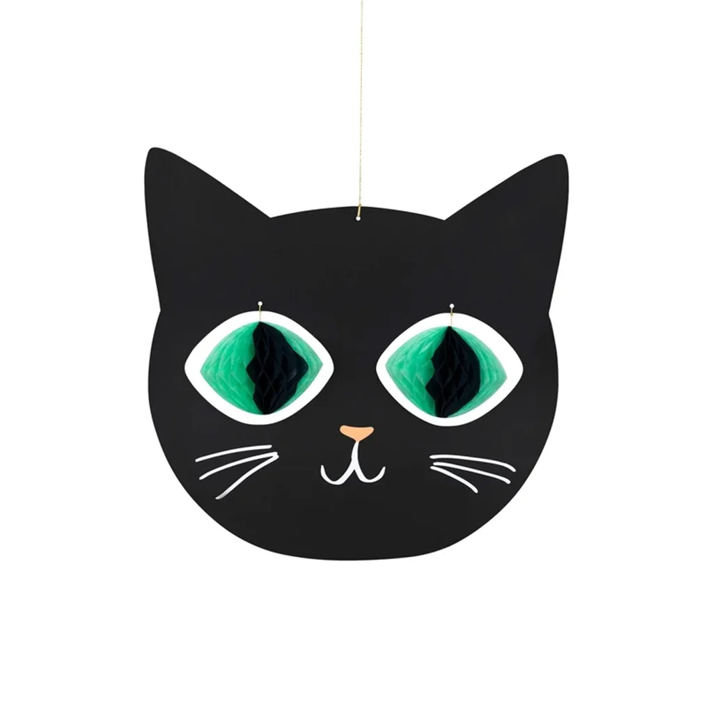 katzenkopf deko, hängedeko, papercraft laternen, grüne augen, schwarz