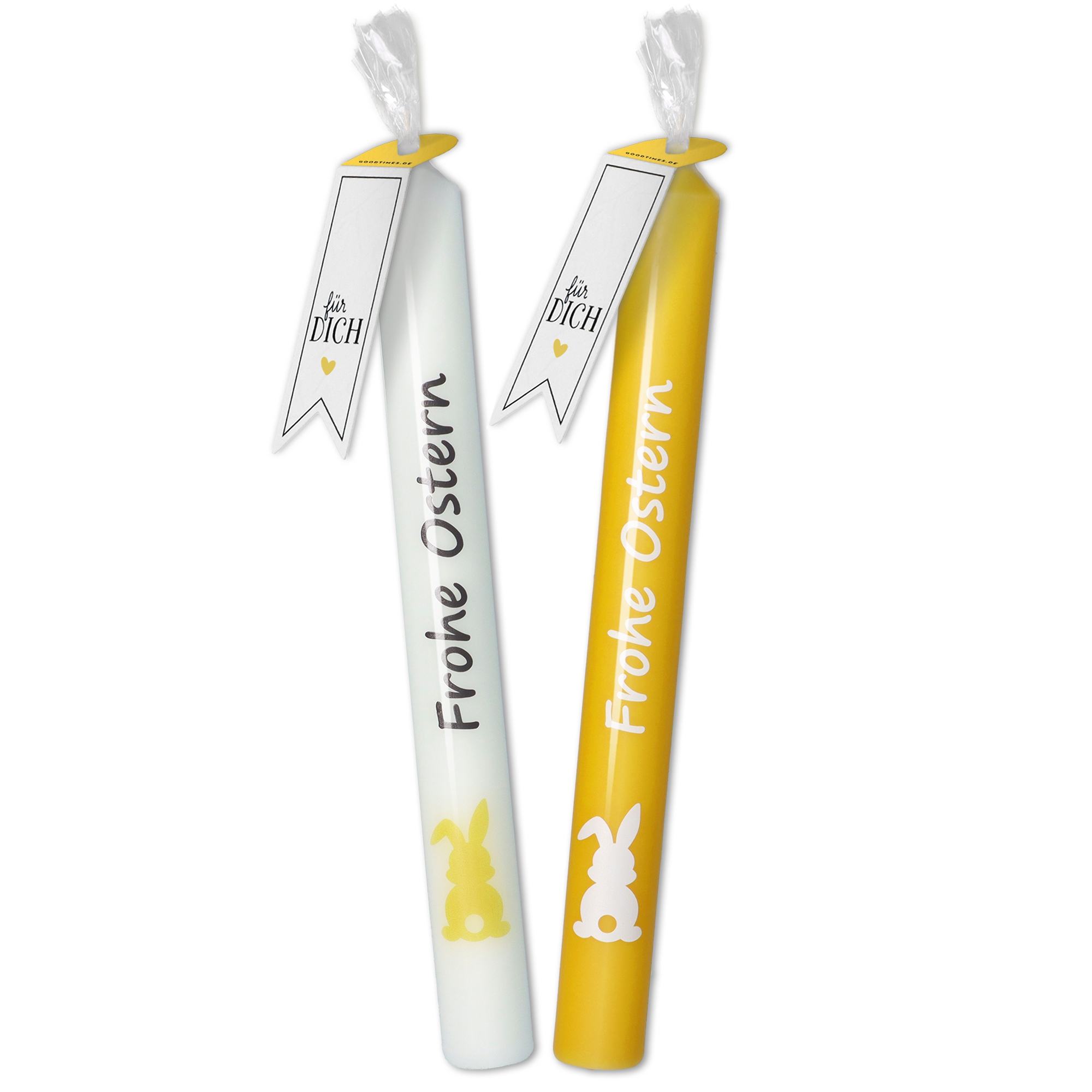 Stabkerzen-Set Gelb / Weiß "Frohe Ostern" Stabkerzen-Set Gelb / Weiß "Frohe Ostern"