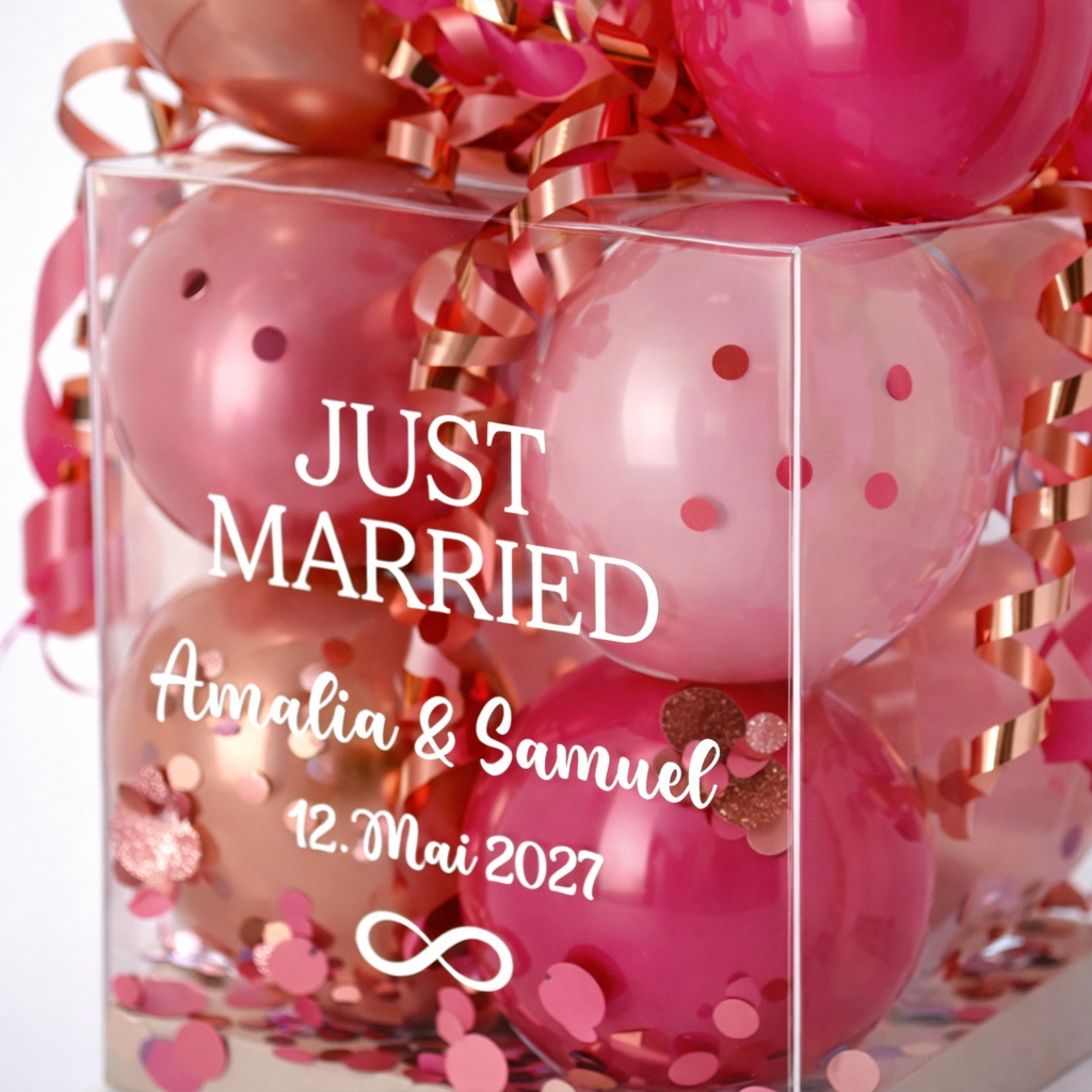 hochzeit, geschenkbox, pink, ballons, herzkonfetti