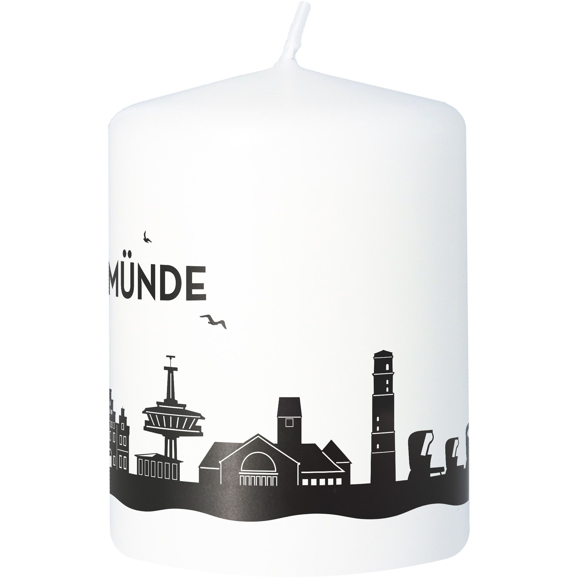 Stumpenkerze Skyline Travemünde Weiß Stumpenkerze Skyline Travemünde Weiß