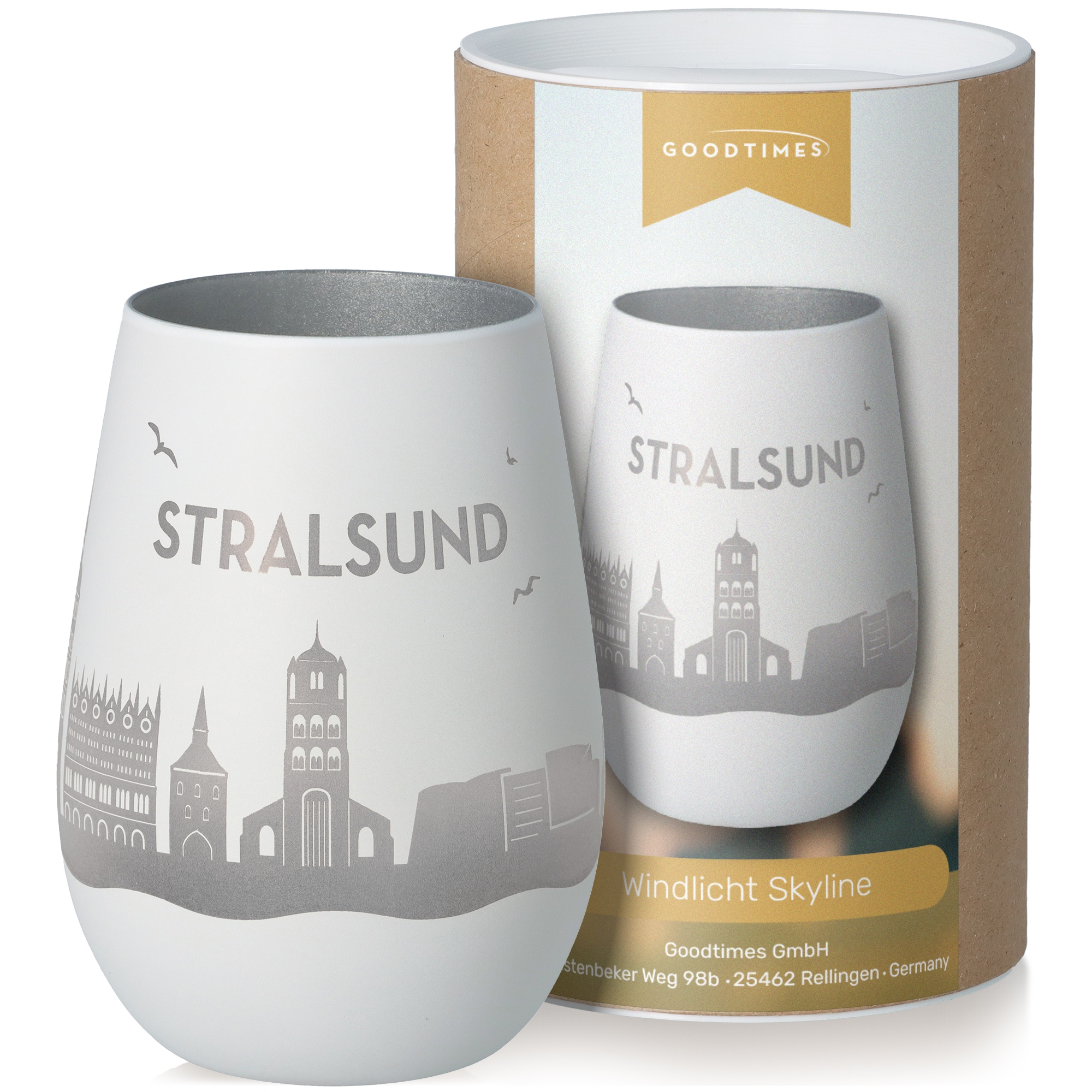 Windlicht Skyline Stralsund Weiß/Silber Töpferei, Tasse, Krug, Glas