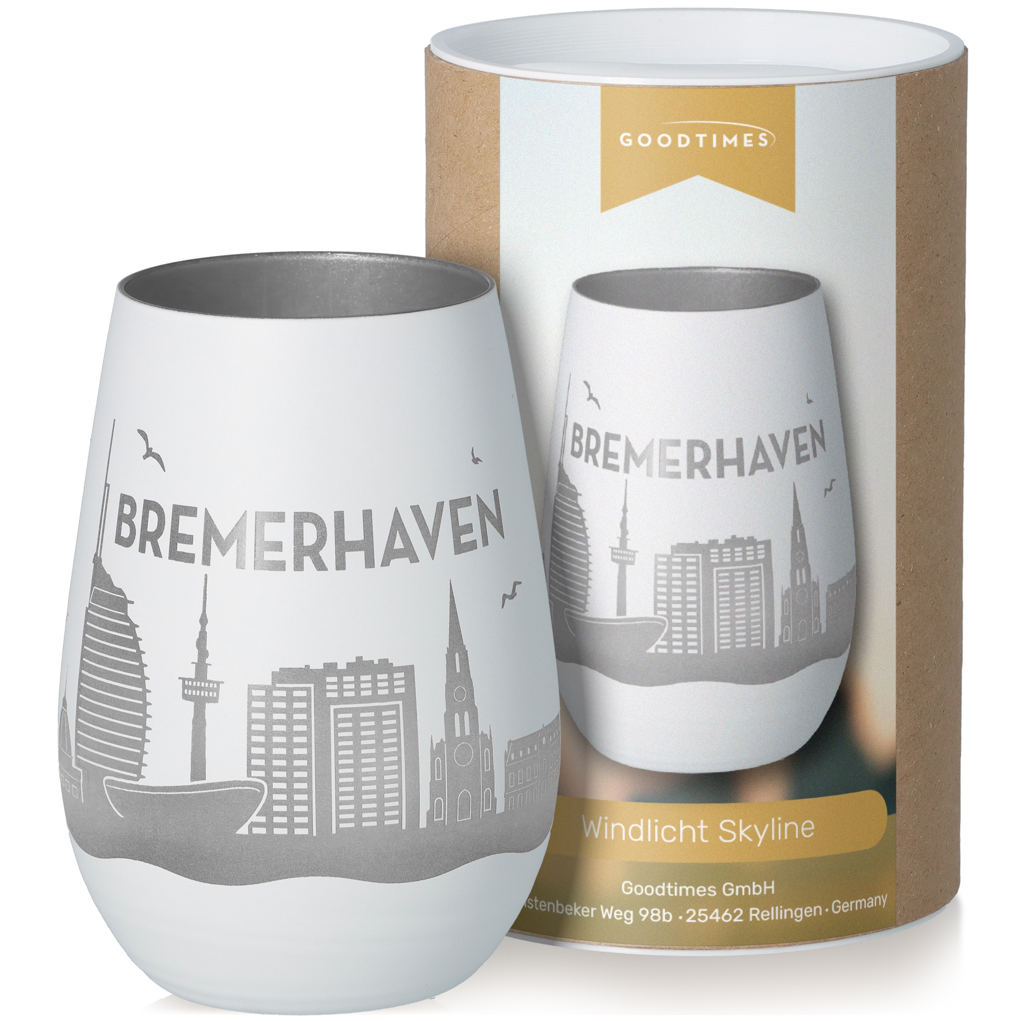 Windlicht Skyline Bremerhaven Weiß/Silber Töpferei, Krug, Tasse