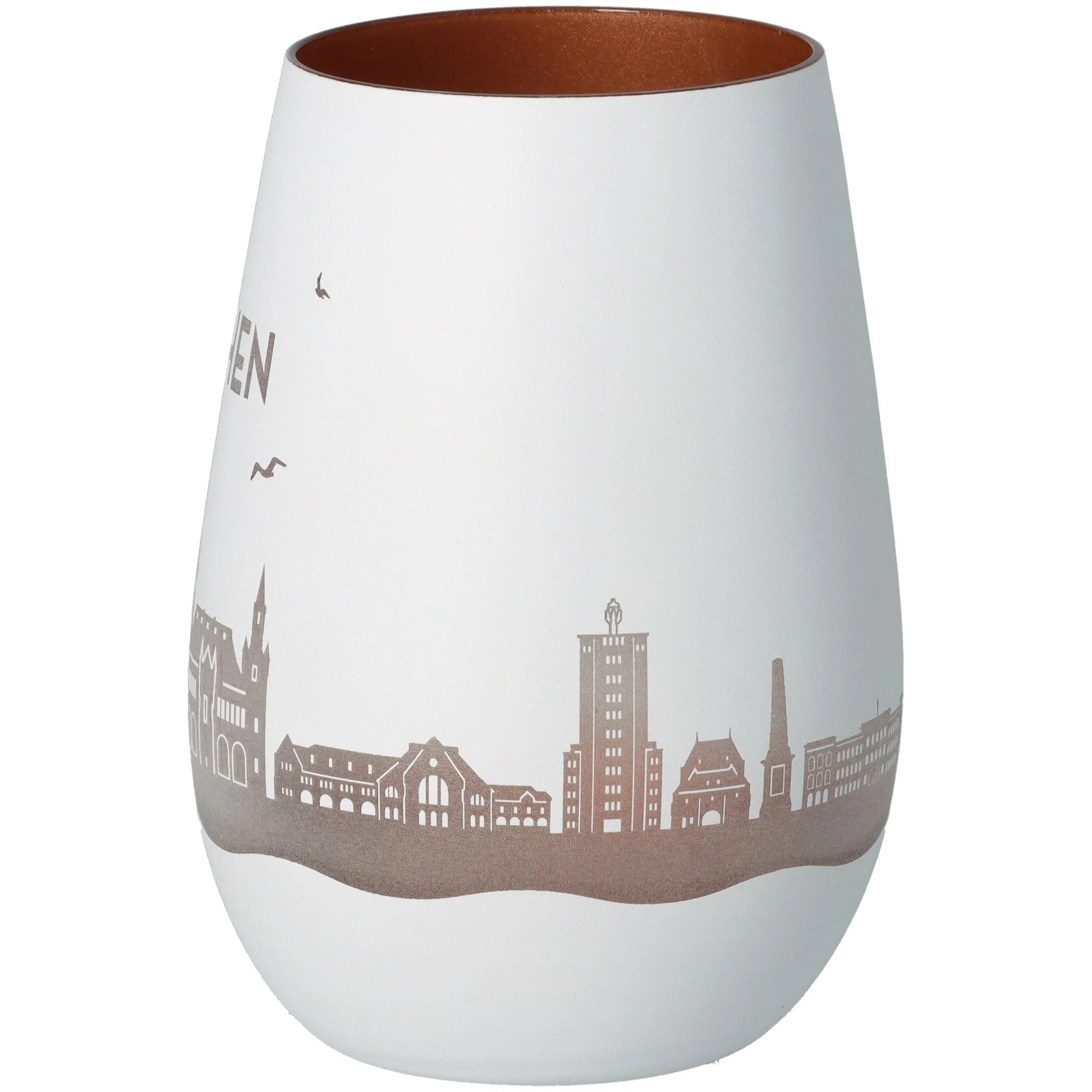 Vase, Porzellan, Weiße Vase, Stadt-Silhouette, Kupferfarbener Innenrand