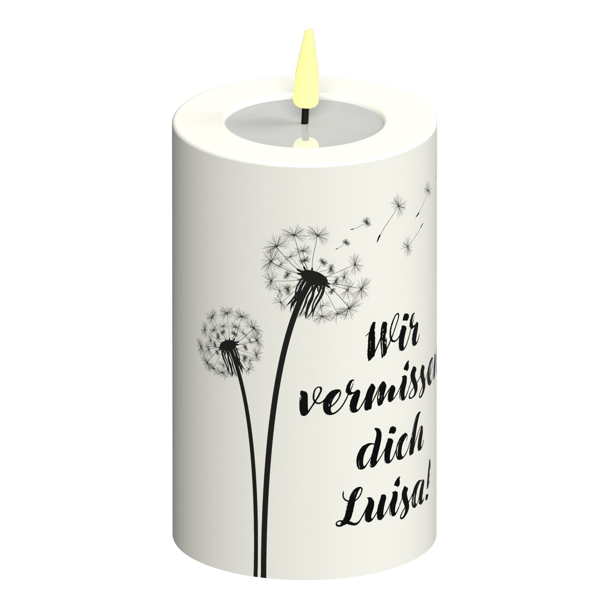 LED Stumpenkerze Weiß Pusteblume "Wir vermissen dich NAME"! LED Stumpenkerze Weiß Pusteblume "Wir vermissen dich NAME"!