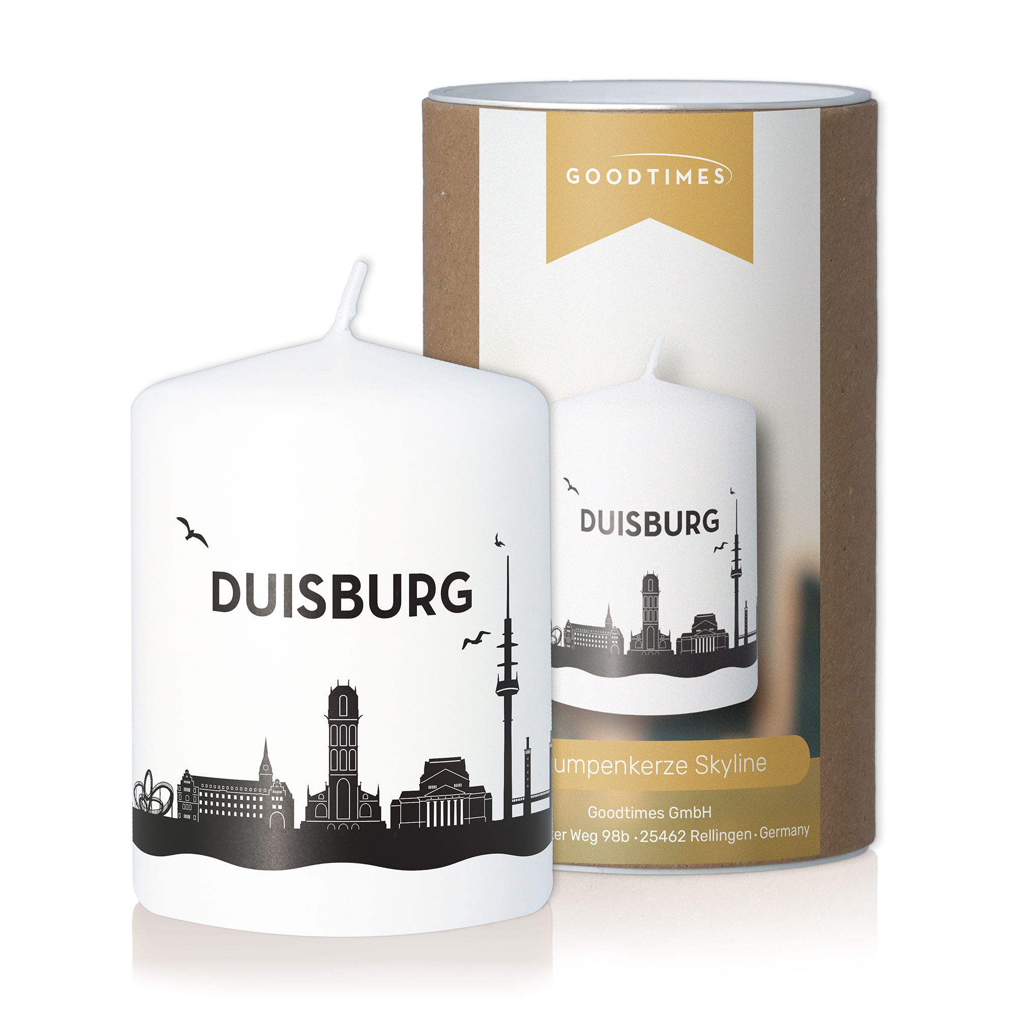Stumpenkerze Skyline Duisburg Weiß Stumpenkerze Skyline Duisburg Weiß