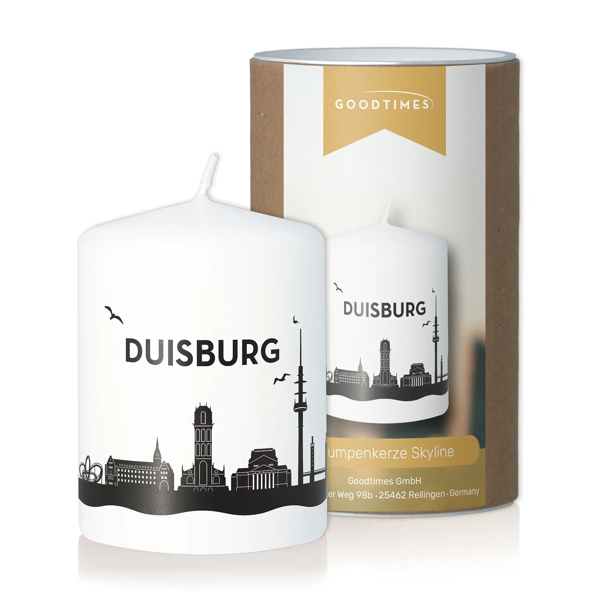 Stumpenkerze Skyline Duisburg Weiß