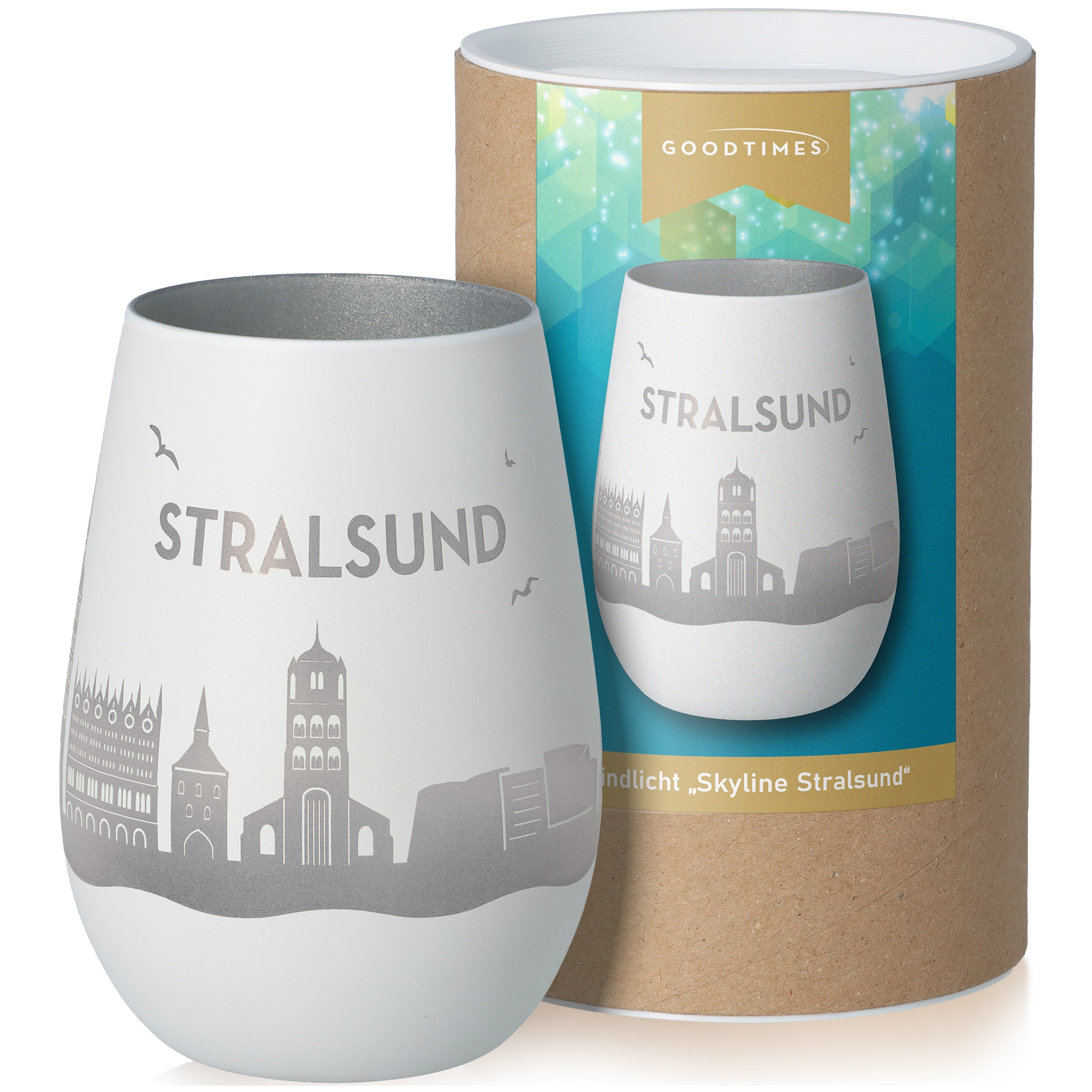 Windlicht Skyline Stralsund Weiß/Silber