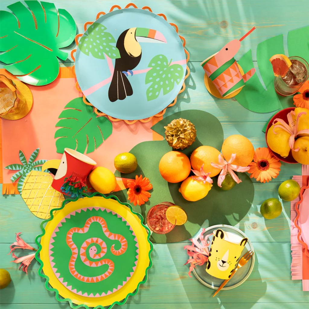 Pappteller, Teller mit Vogel, Fruchtplatte, Dekoration, Sommerparty