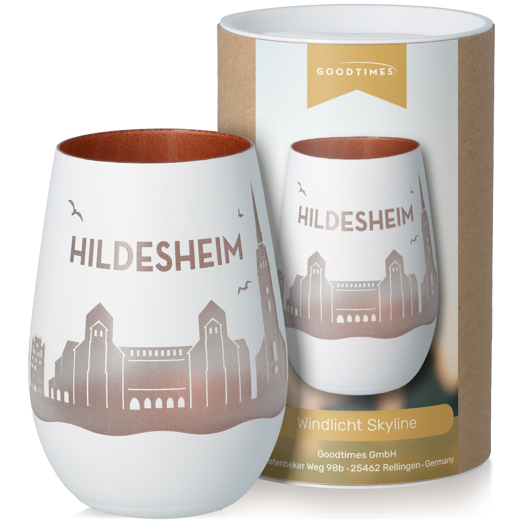 Windlicht Skyline Hildesheim Weiß/Bronze Pokal, Töpferei, Getränk, Kaffee, Kaffeetasse