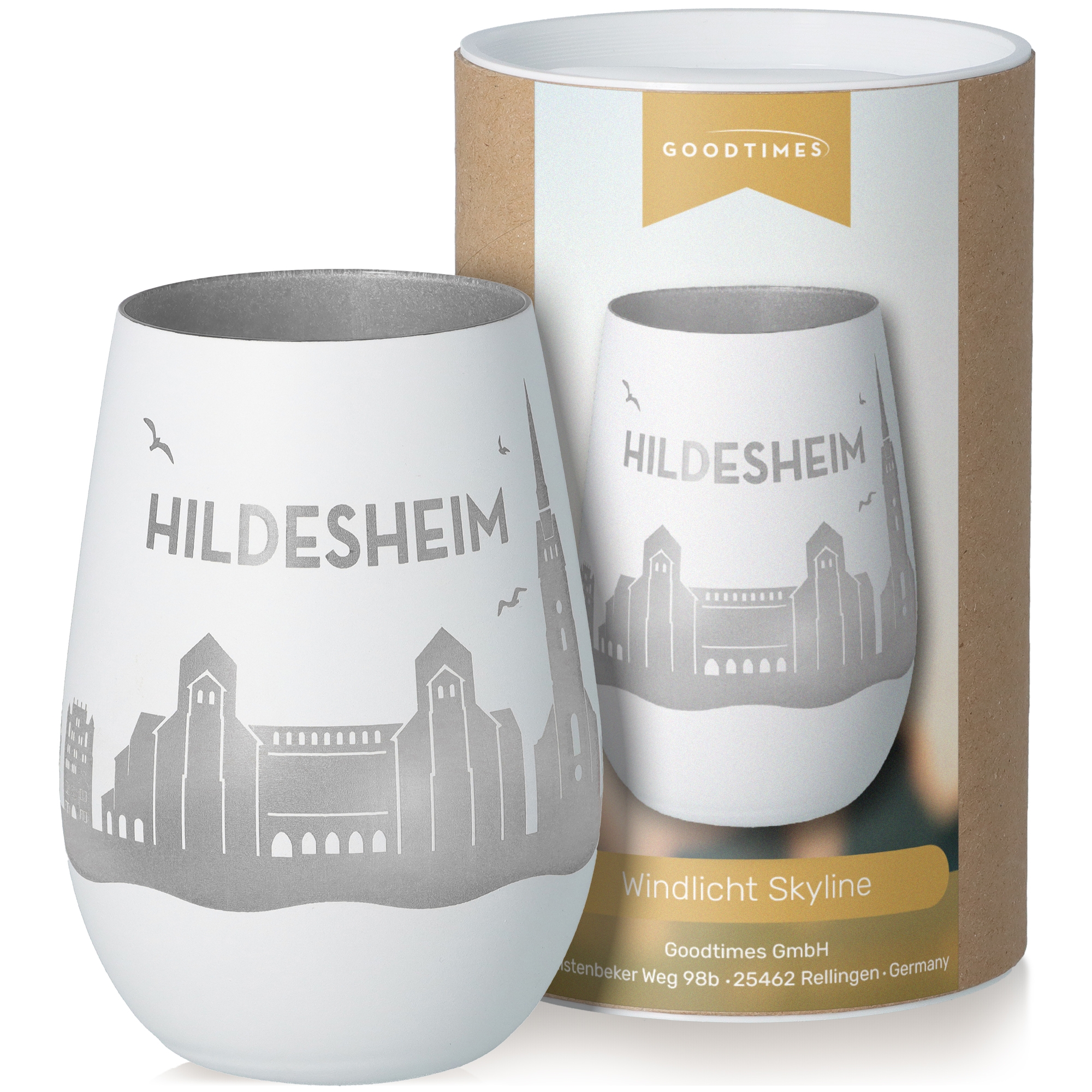 Windlicht Skyline Hildesheim Weiß/Silber Pokal, Töpferei, Getränk, Kaffee, Kaffeetasse