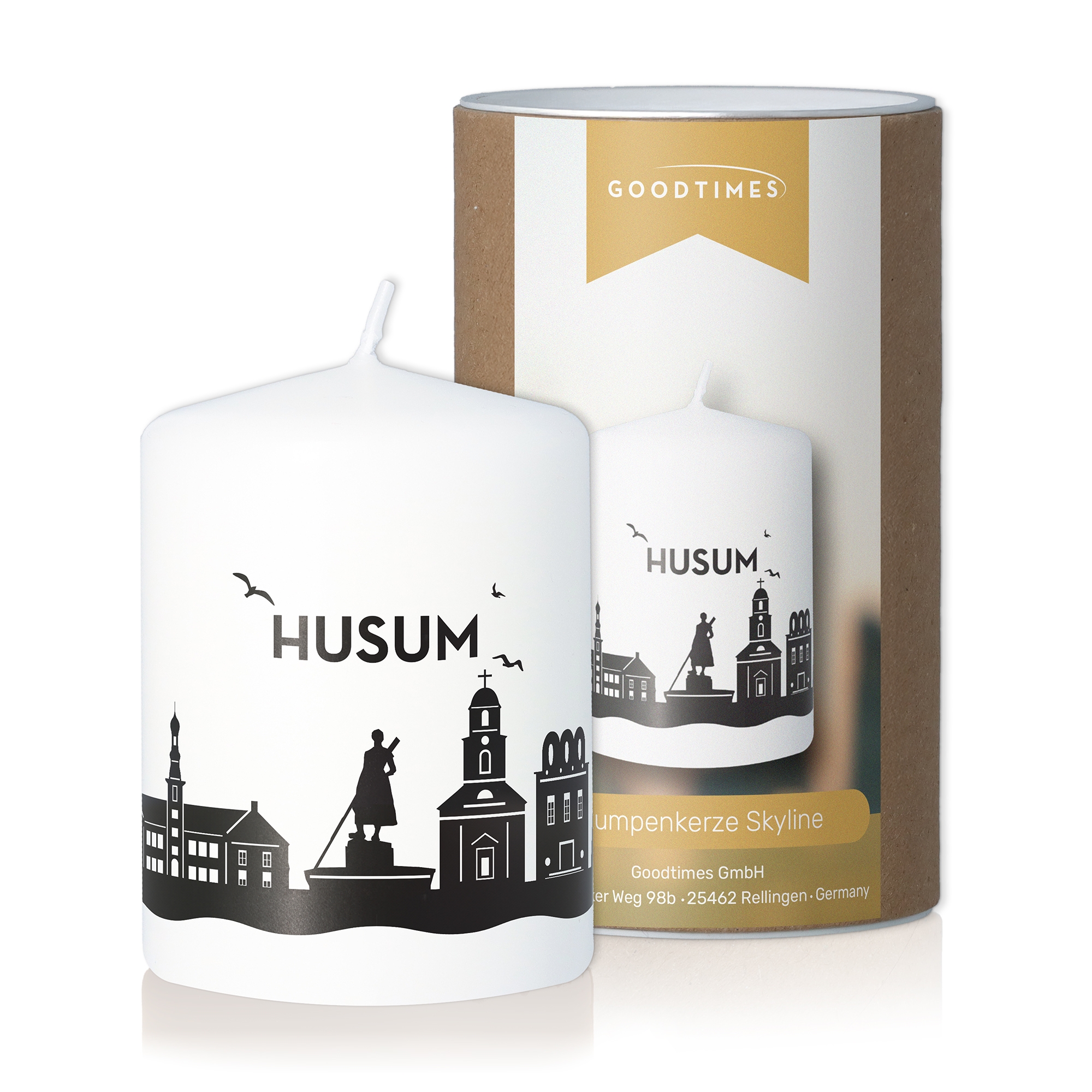 Stumpenkerze Skyline Husum Weiß Person