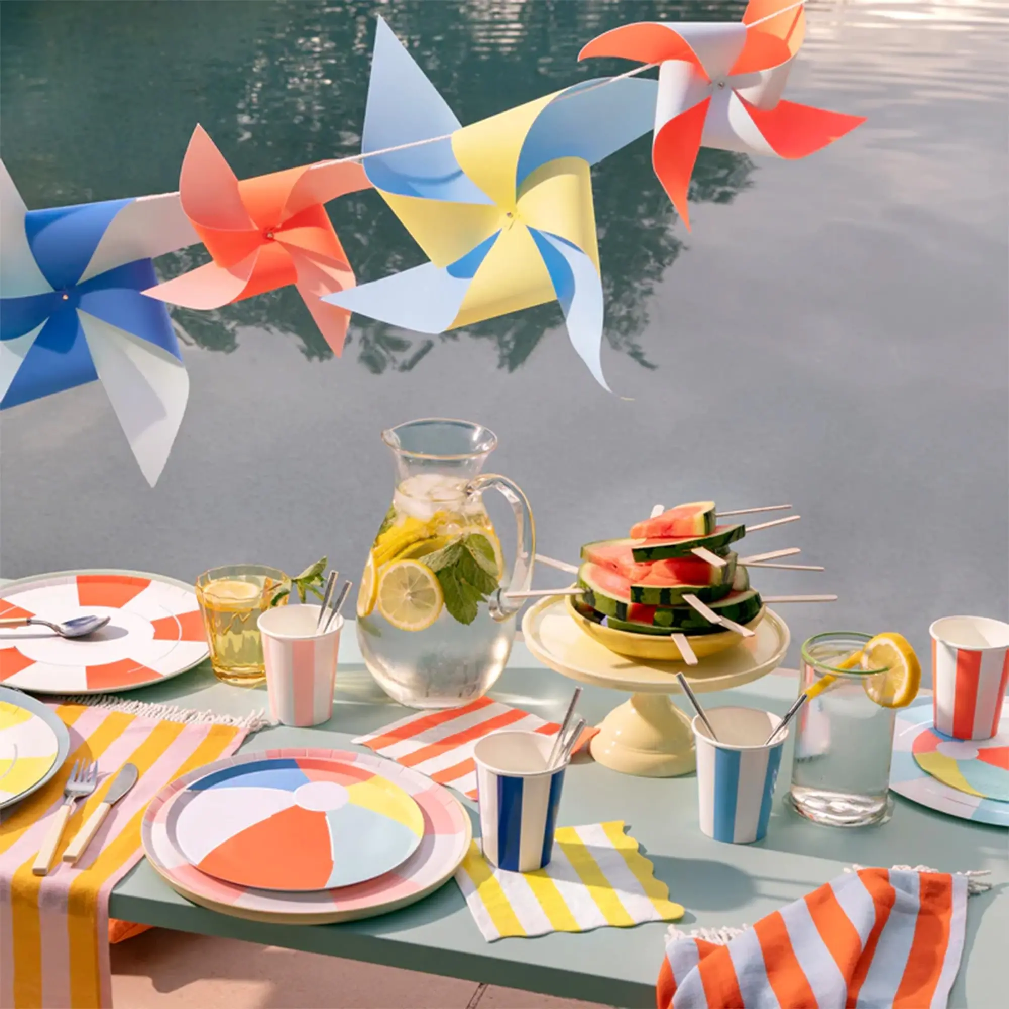 farbenfroh, pinwheel, grillparty, sommerfest, tischdekoration
