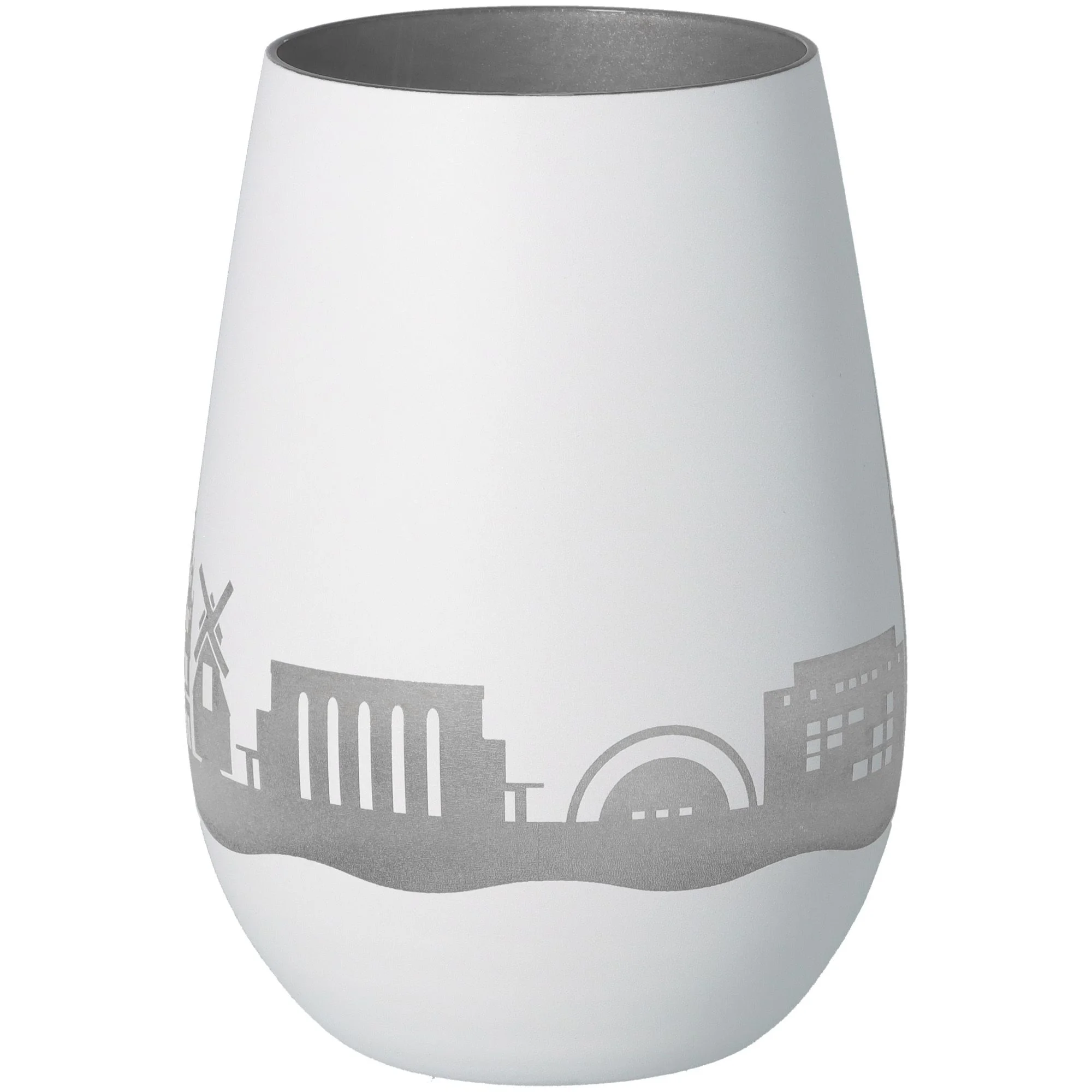 Vase, Porzellan, Weiß, graues Muster, Stadtlandschaft