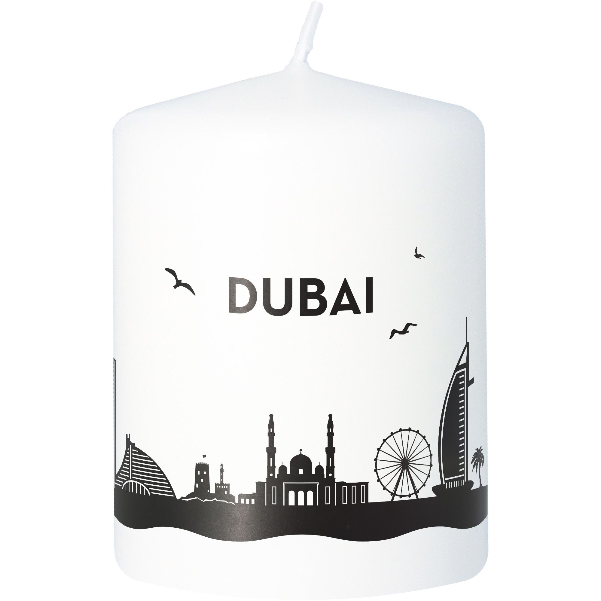 Stumpenkerze Skyline Dubai Weiß Maschine, Rad, Tier, Vogel, Kerze