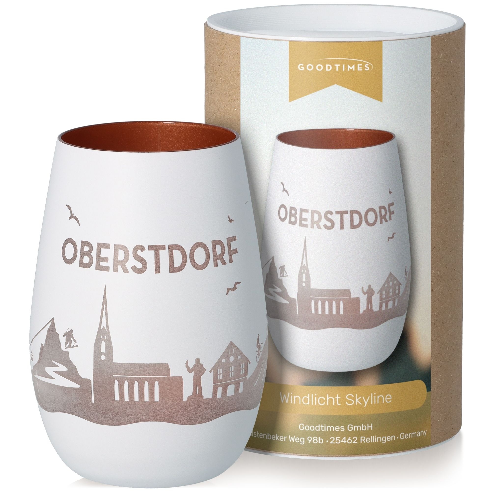 Windlicht Skyline Oberstdorf Weiß/Bronze Töpferei, Tasse, Kunst, Porzellan