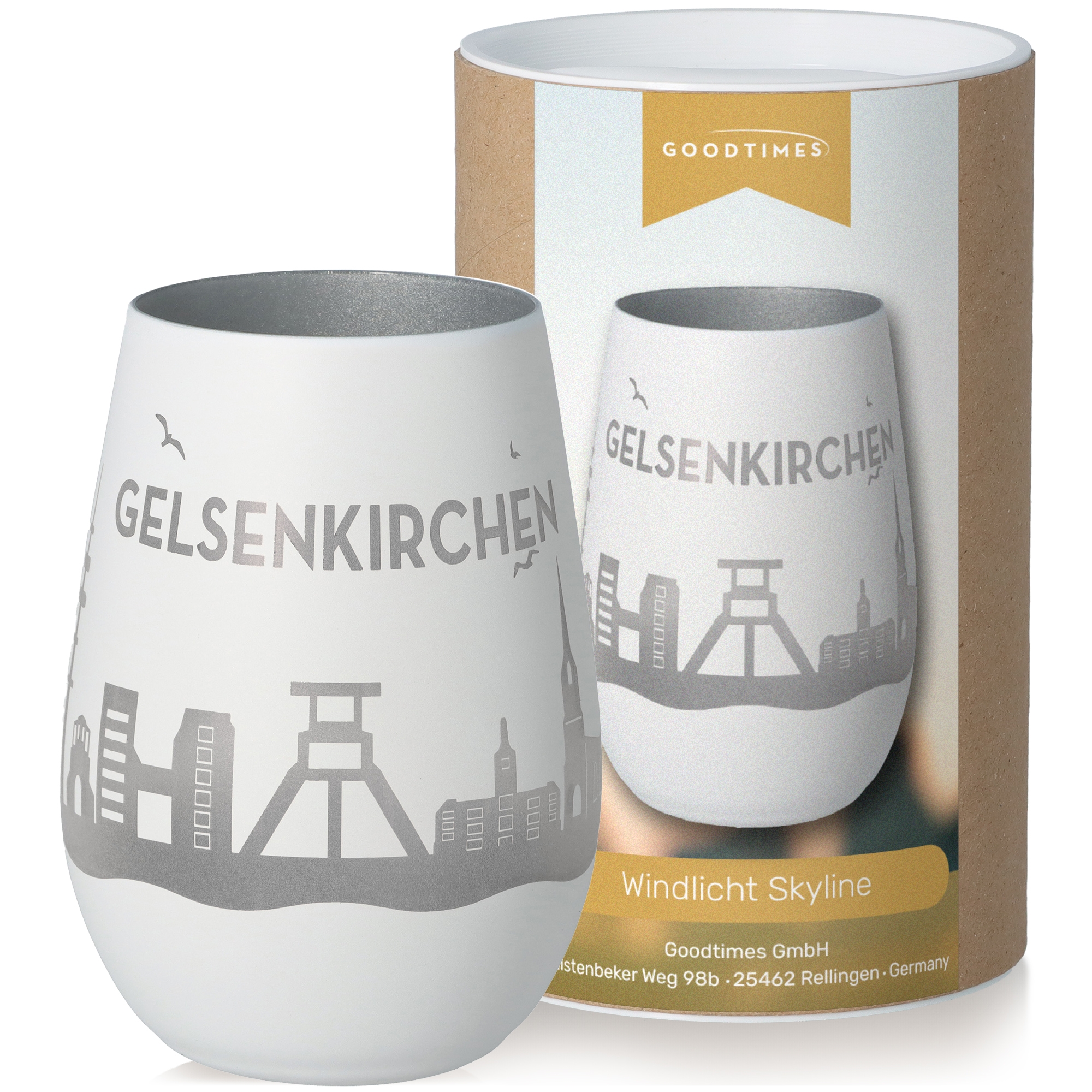 Windlicht Skyline Gelsenkirchen Weiß/Silber Töpferei, Tasse